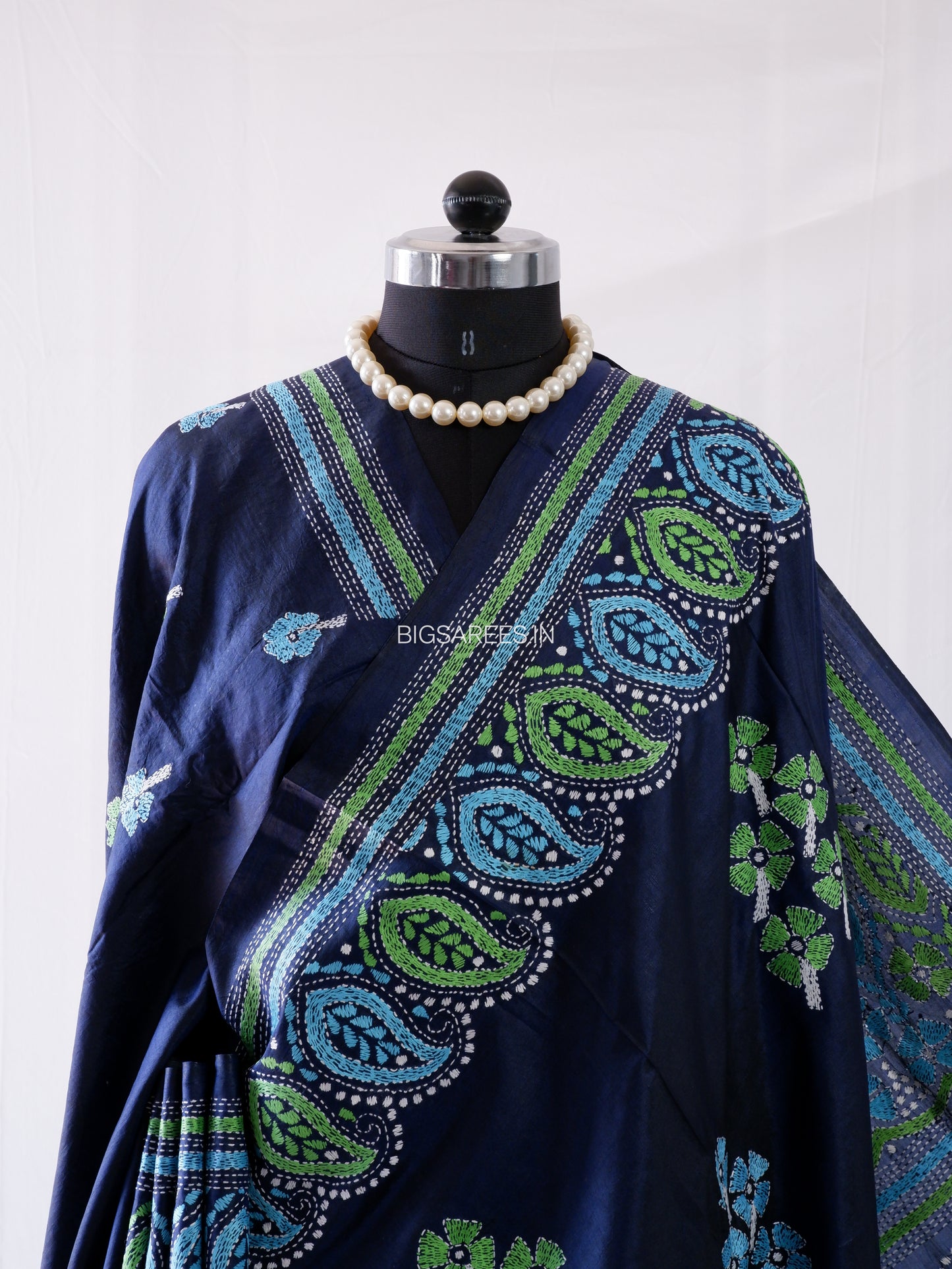 Kantha - Stitch Hand Embroidered Saree | Pure Bangalore Silk | Silk Mark Certified | Dark Blue