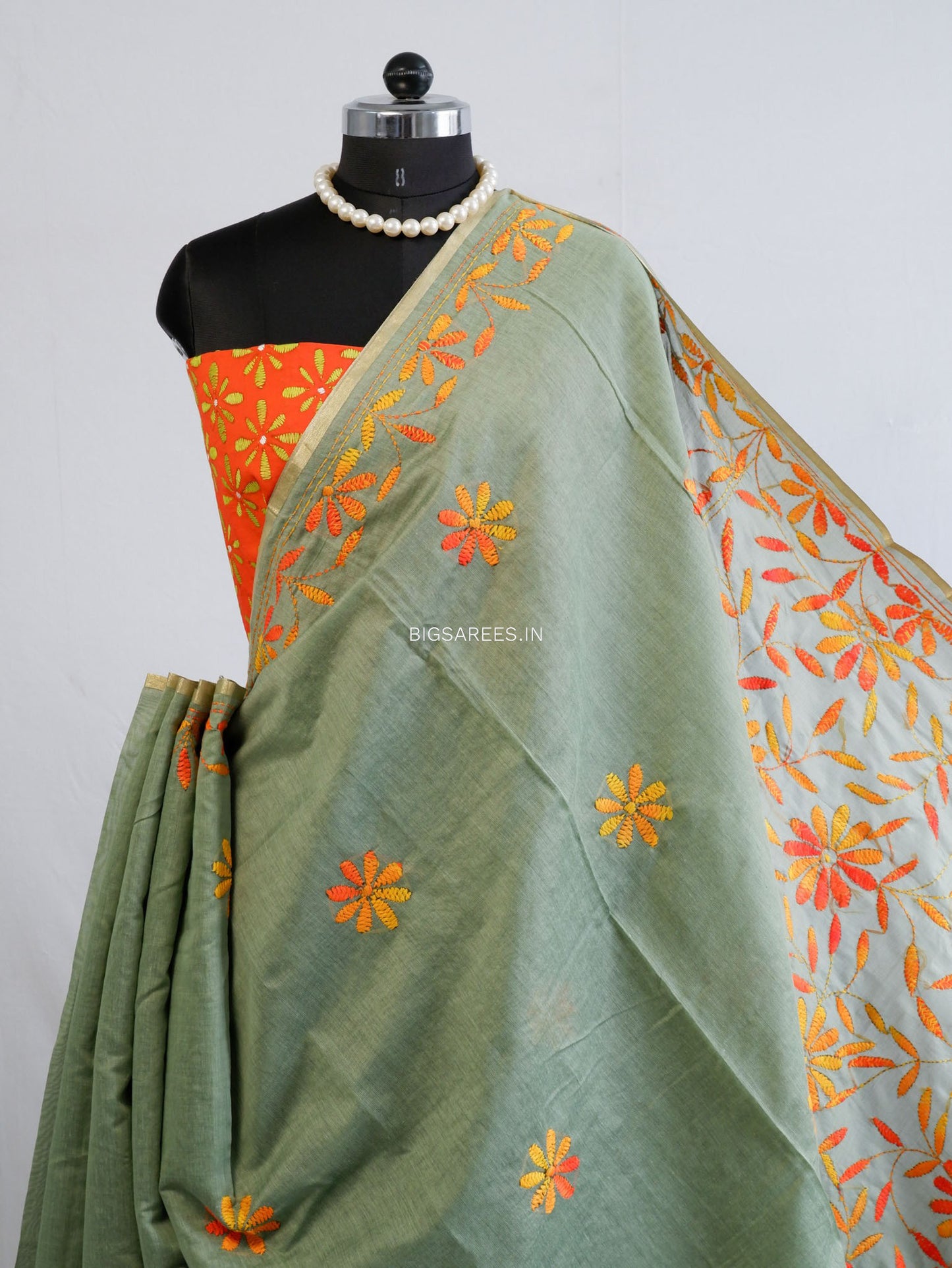 Kantha Stitch Semi Tussar with Blouse | Hand-Embroidered | Sage Green
