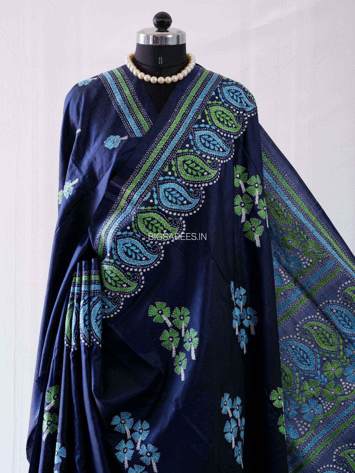 Kantha - Stitch Hand Embroidered Saree | Pure Bangalore Silk | Silk Mark Certified | Dark Blue