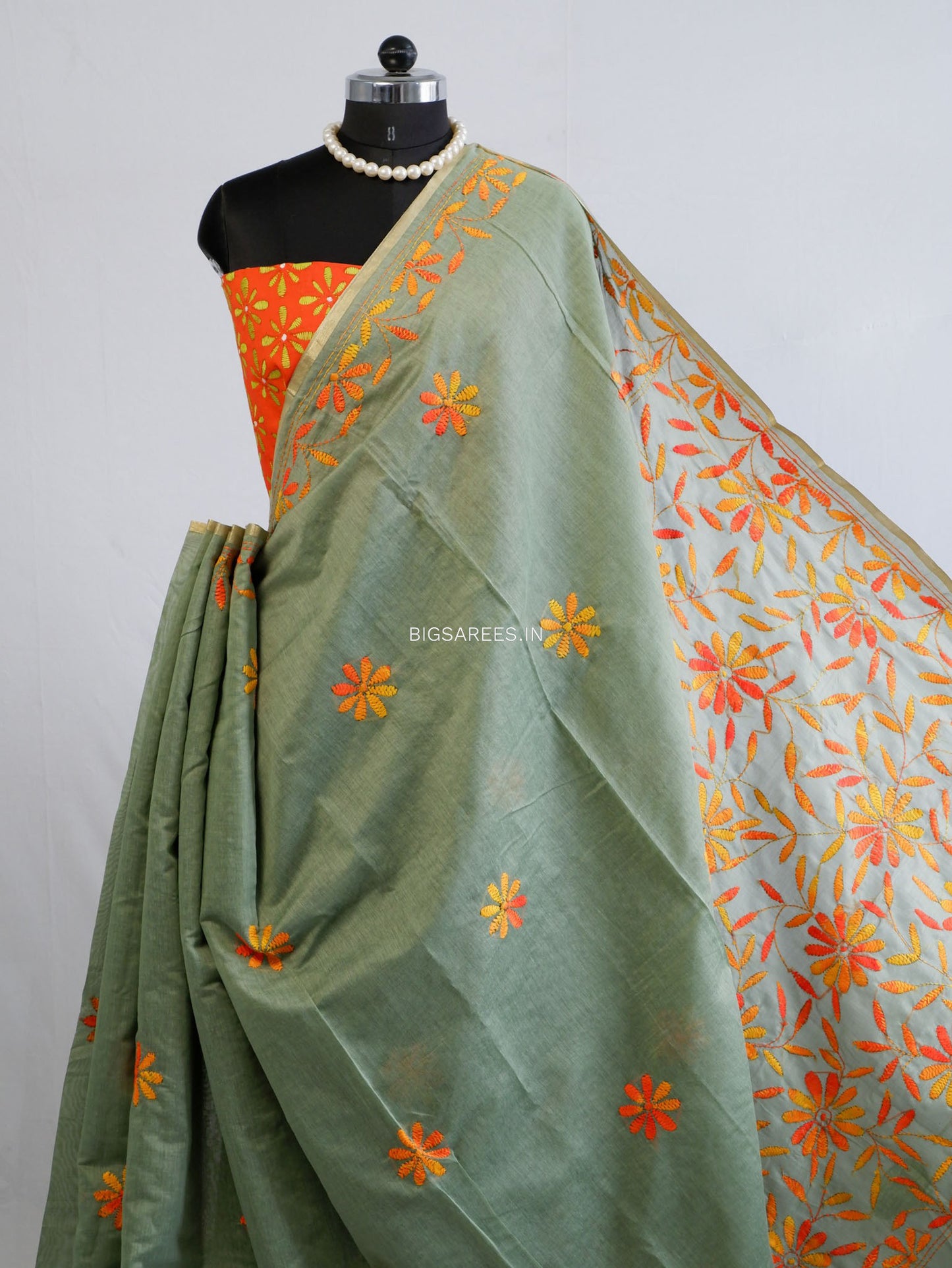 Kantha Stitch Semi Tussar with Blouse | Hand-Embroidered | Sage Green