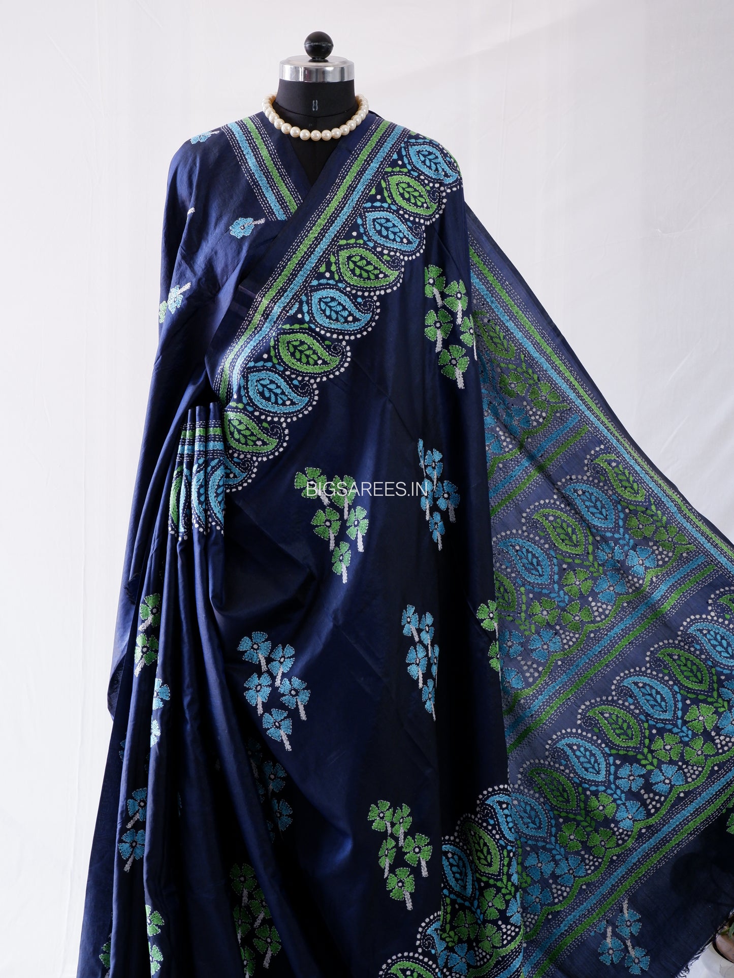 Kantha - Stitch Hand Embroidered Saree | Pure Bangalore Silk | Silk Mark Certified | Dark Blue