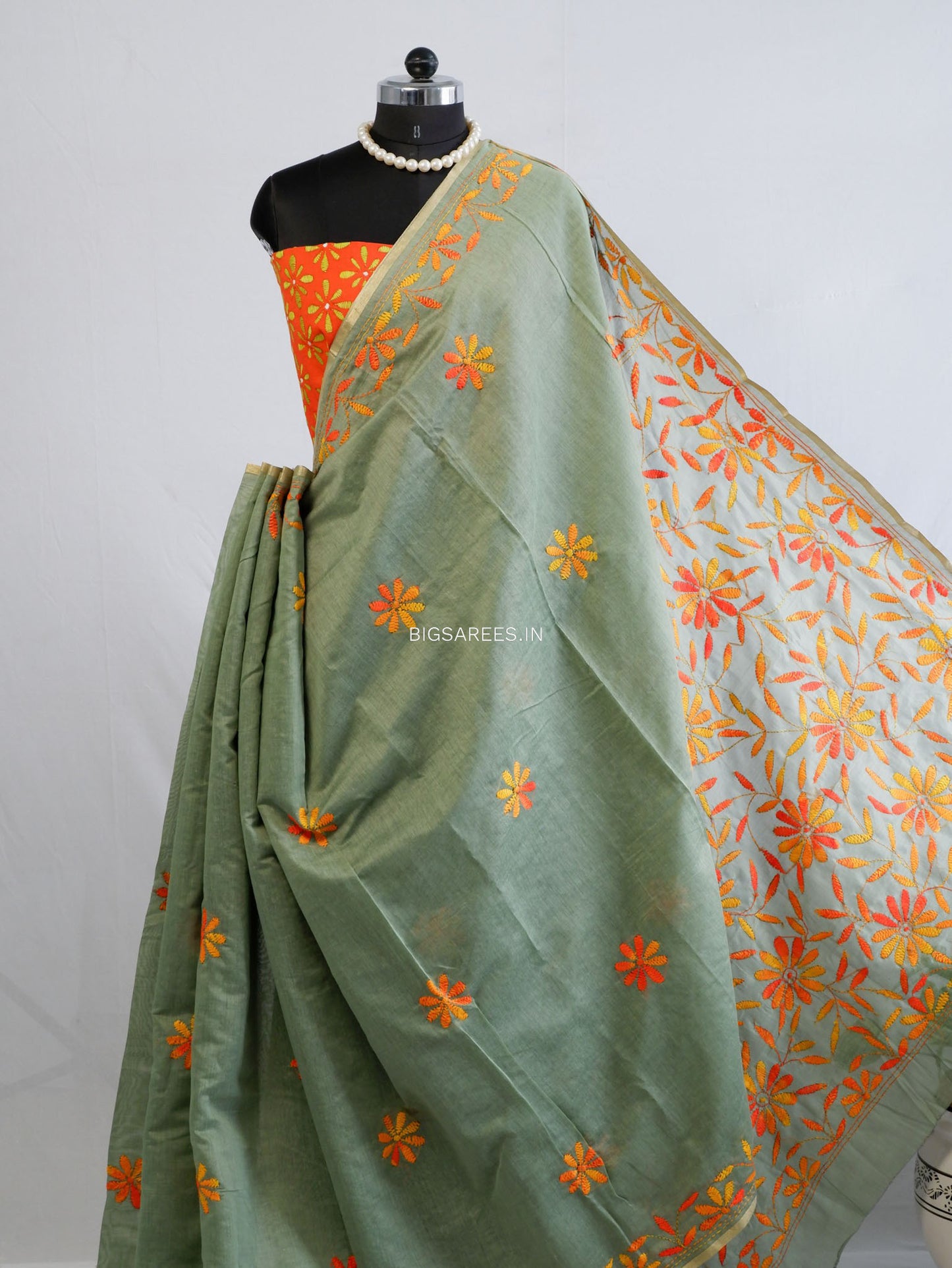 Kantha Stitch Semi Tussar with Blouse | Hand-Embroidered | Sage Green