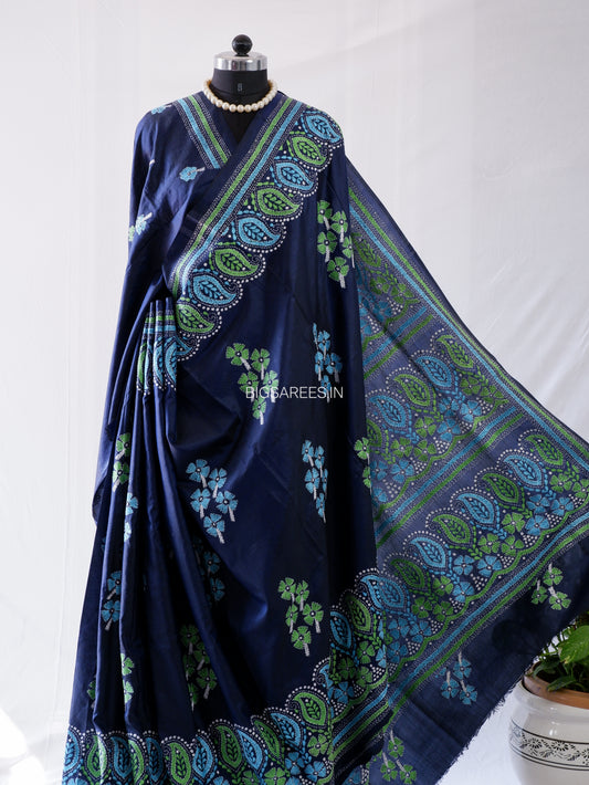 Kantha - Stitch Hand Embroidered Saree | Pure Bangalore Silk | Silk Mark Certified | Dark Blue