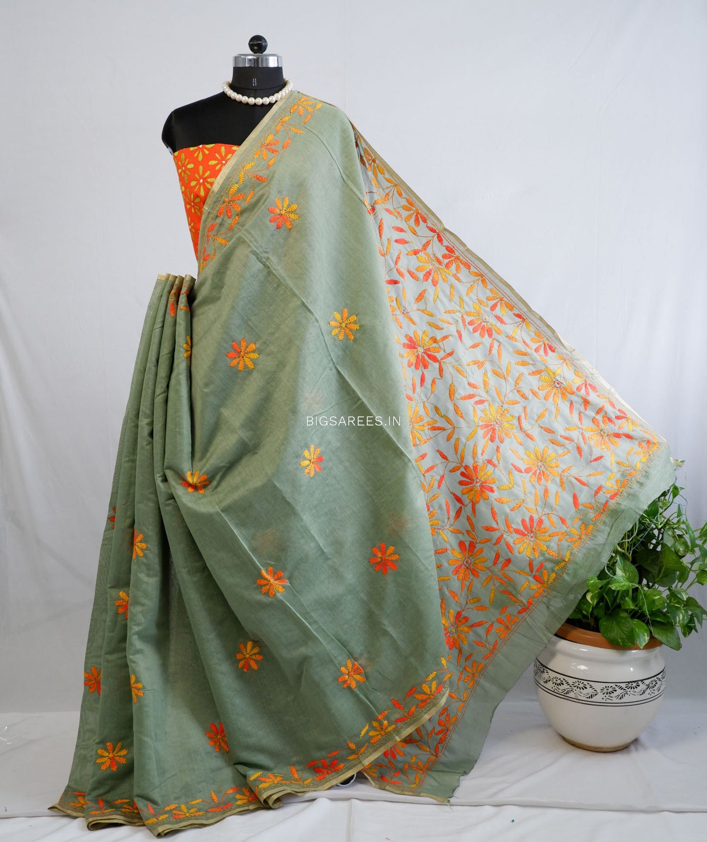 Kantha Stitch Semi Tussar with Blouse | Hand-Embroidered | Sage Green