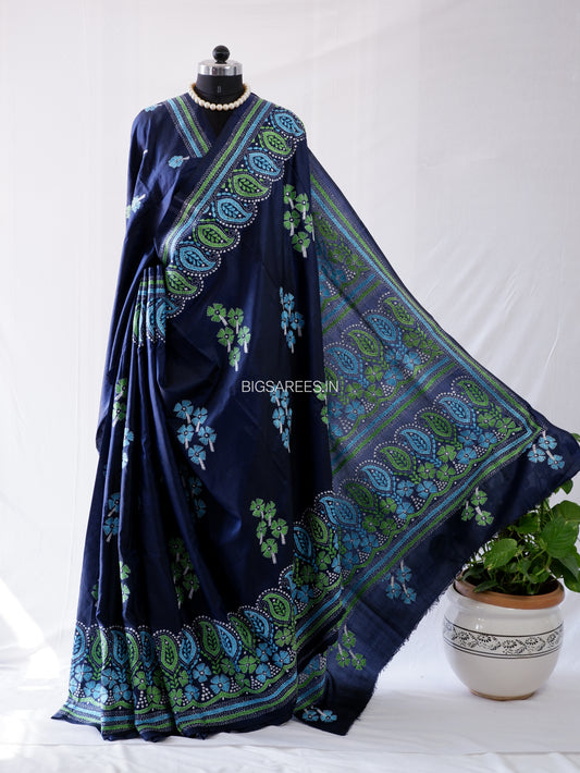 Kantha - Stitch Hand Embroidered Saree | Pure Bangalore Silk | Silk Mark Certified | Dark Blue