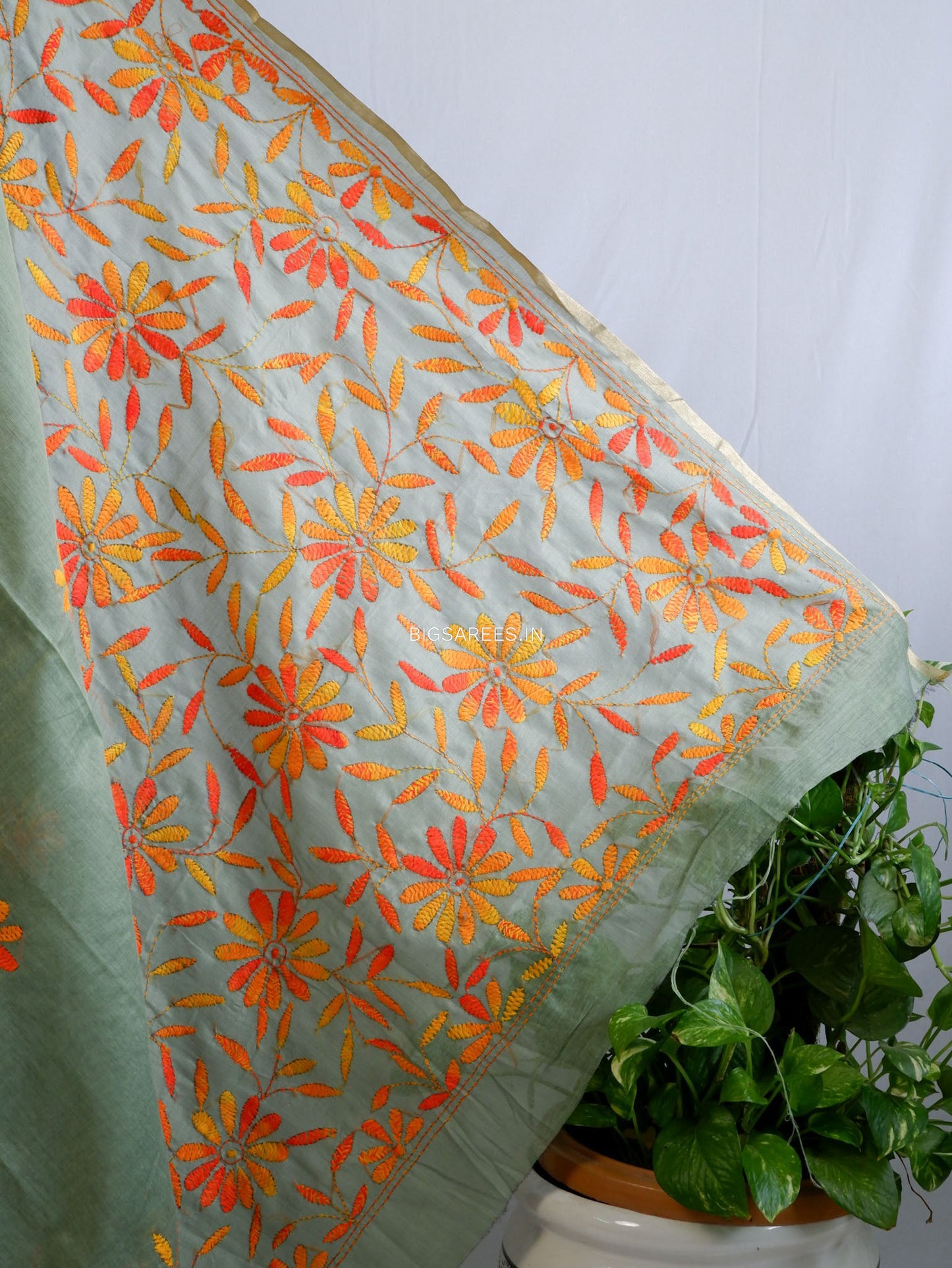 Kantha Stitch Semi Tussar with Blouse | Hand-Embroidered | Sage Green