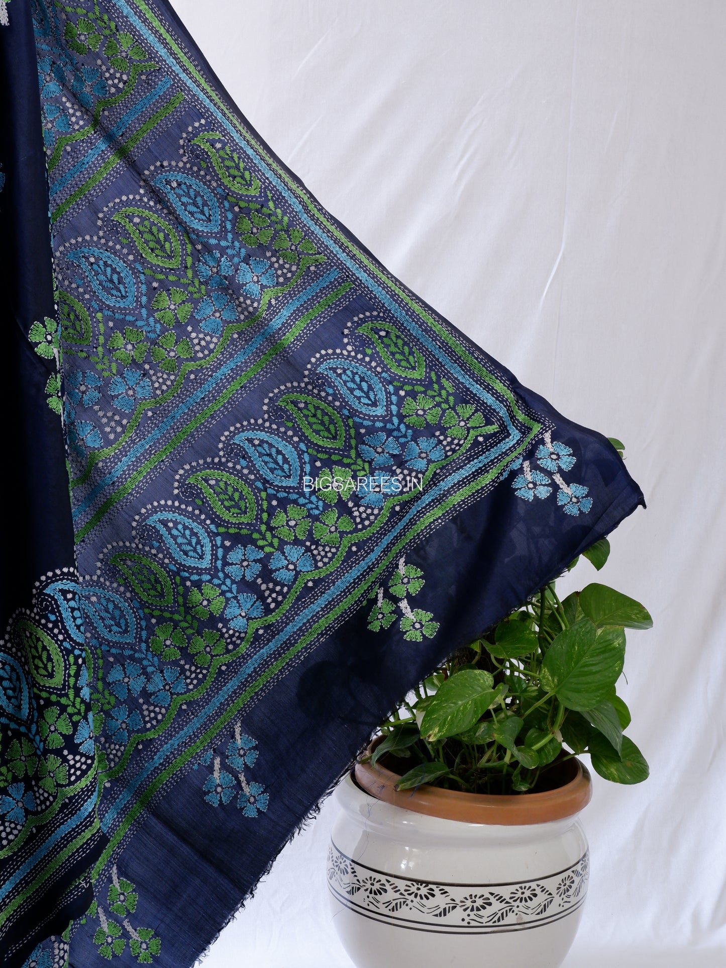 Kantha - Stitch Hand Embroidered Saree | Pure Bangalore Silk | Silk Mark Certified | Dark Blue