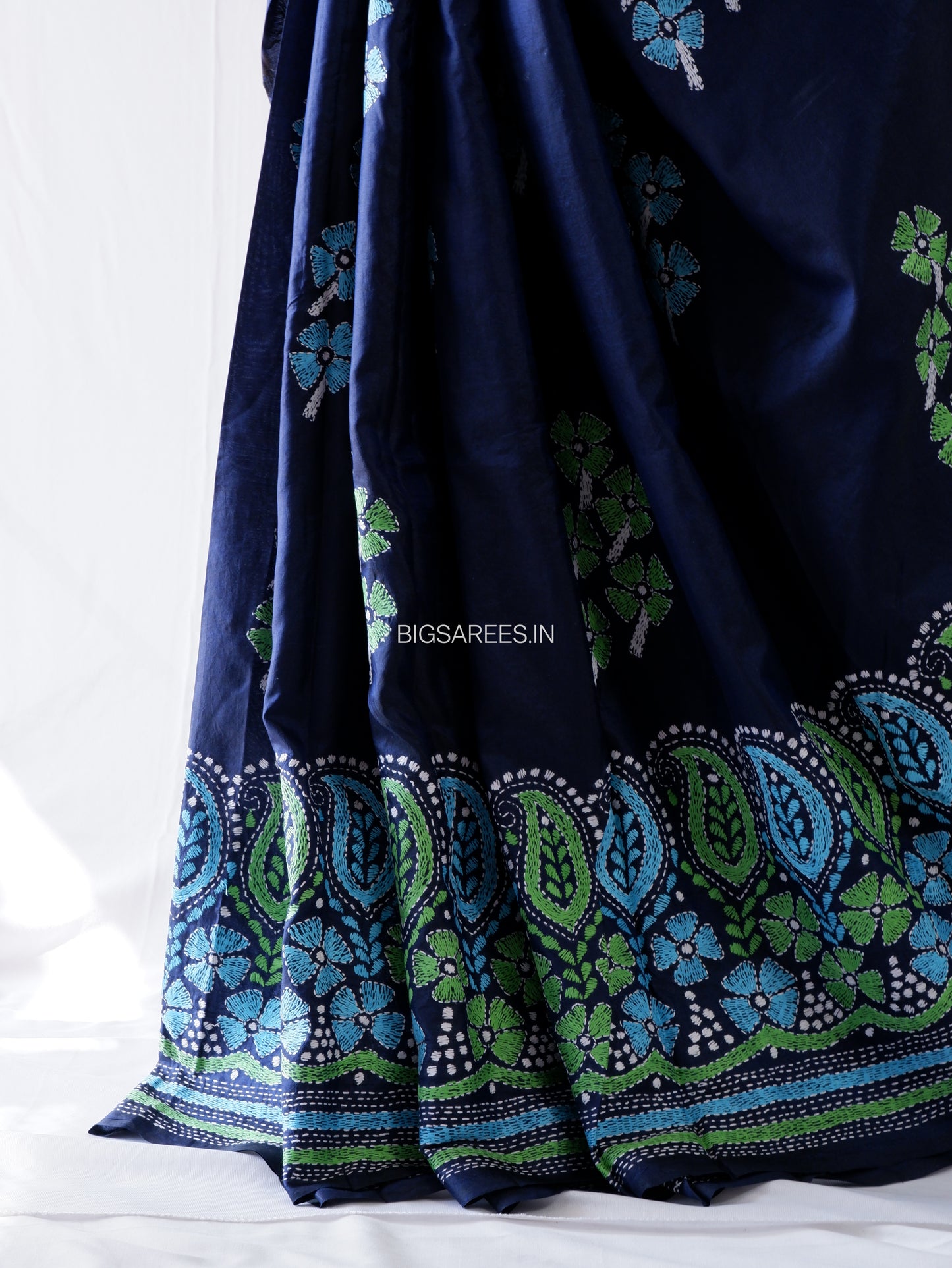 Kantha - Stitch Hand Embroidered Saree | Pure Bangalore Silk | Silk Mark Certified | Dark Blue