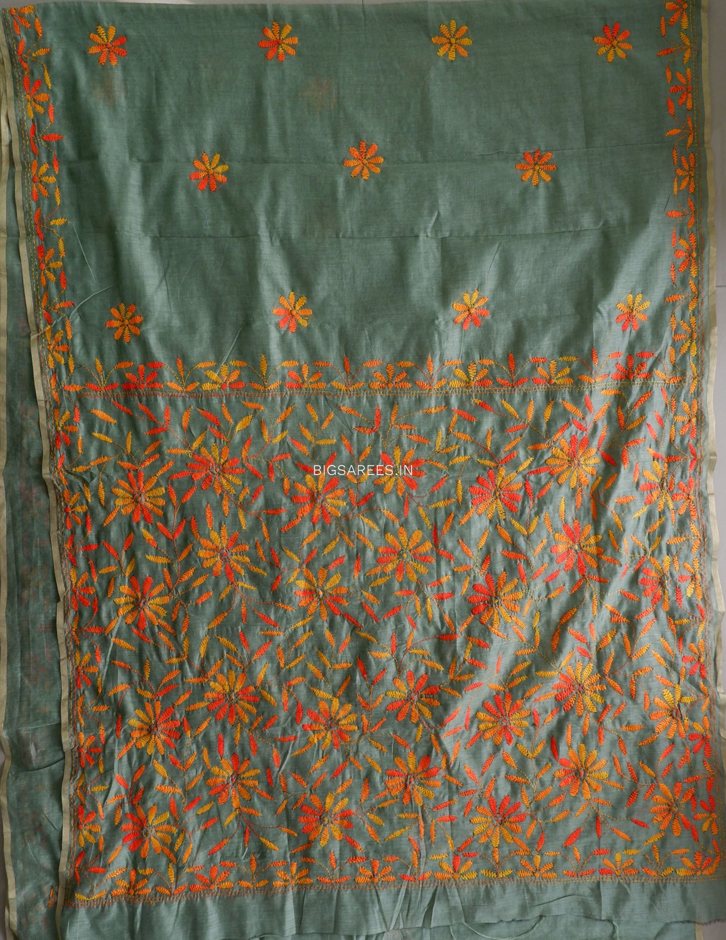 Kantha Stitch Semi Tussar with Blouse | Hand-Embroidered | Sage Green