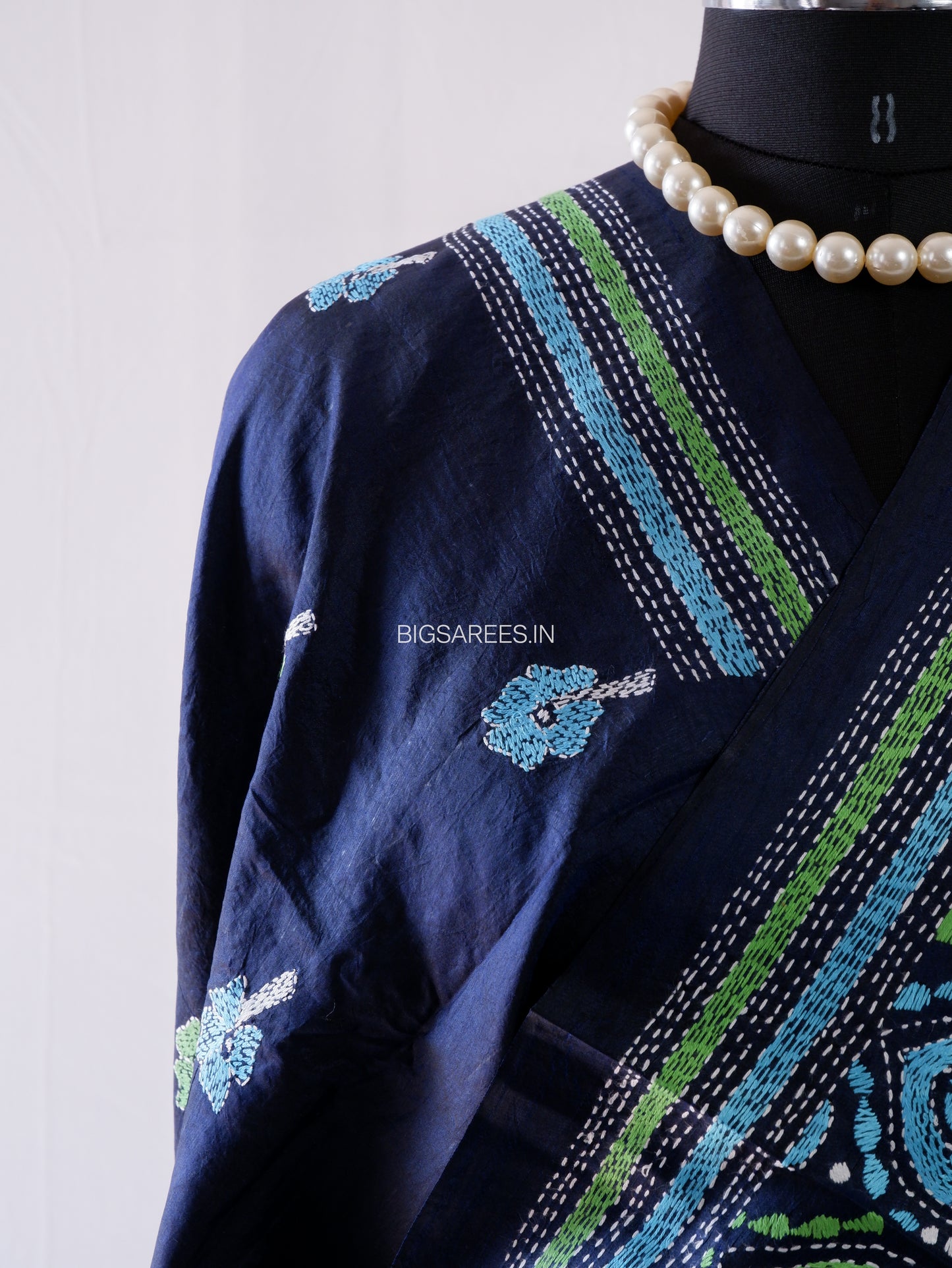 Kantha - Stitch Hand Embroidered Saree | Pure Bangalore Silk | Silk Mark Certified | Dark Blue