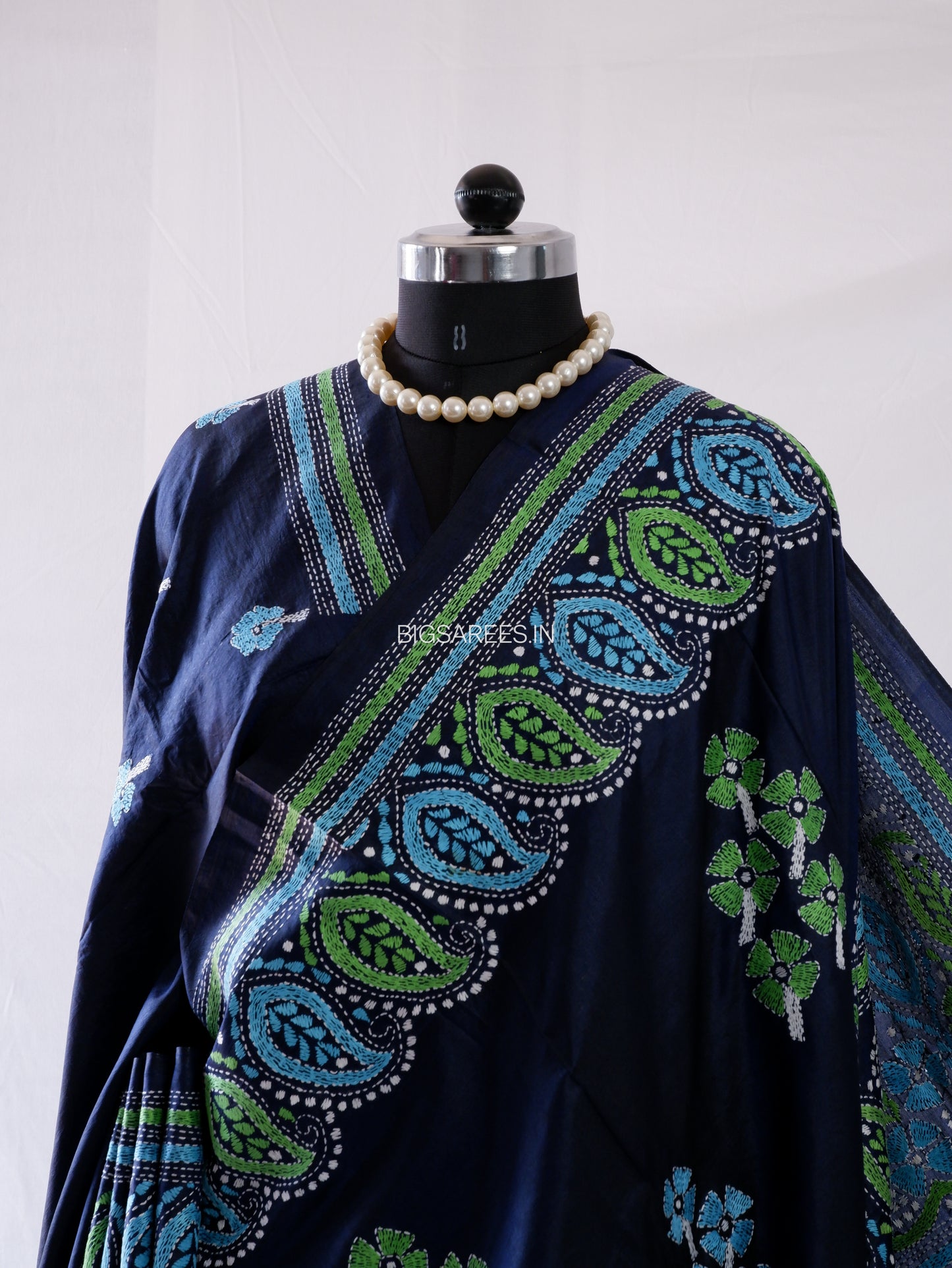 Kantha - Stitch Hand Embroidered Saree | Pure Bangalore Silk | Silk Mark Certified | Dark Blue