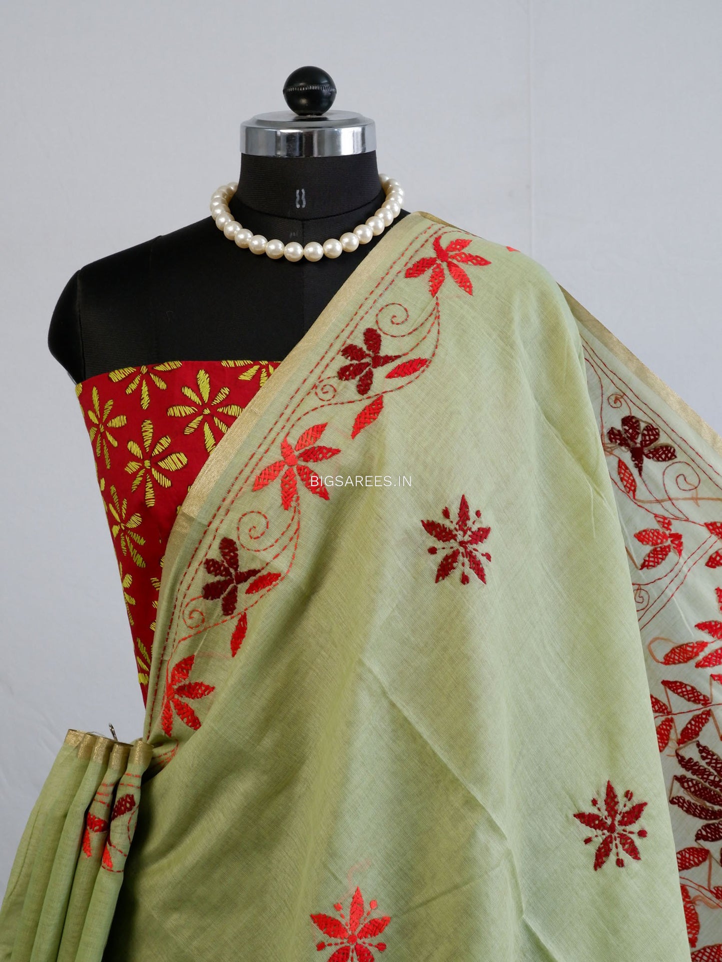 Kantha Stitch Semi Tussar with Blouse | Hand-Embroidered | Sage Green