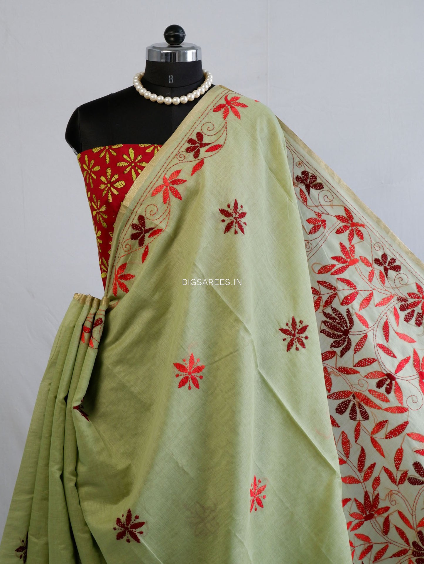 Kantha Stitch Semi Tussar with Blouse | Hand-Embroidered | Sage Green