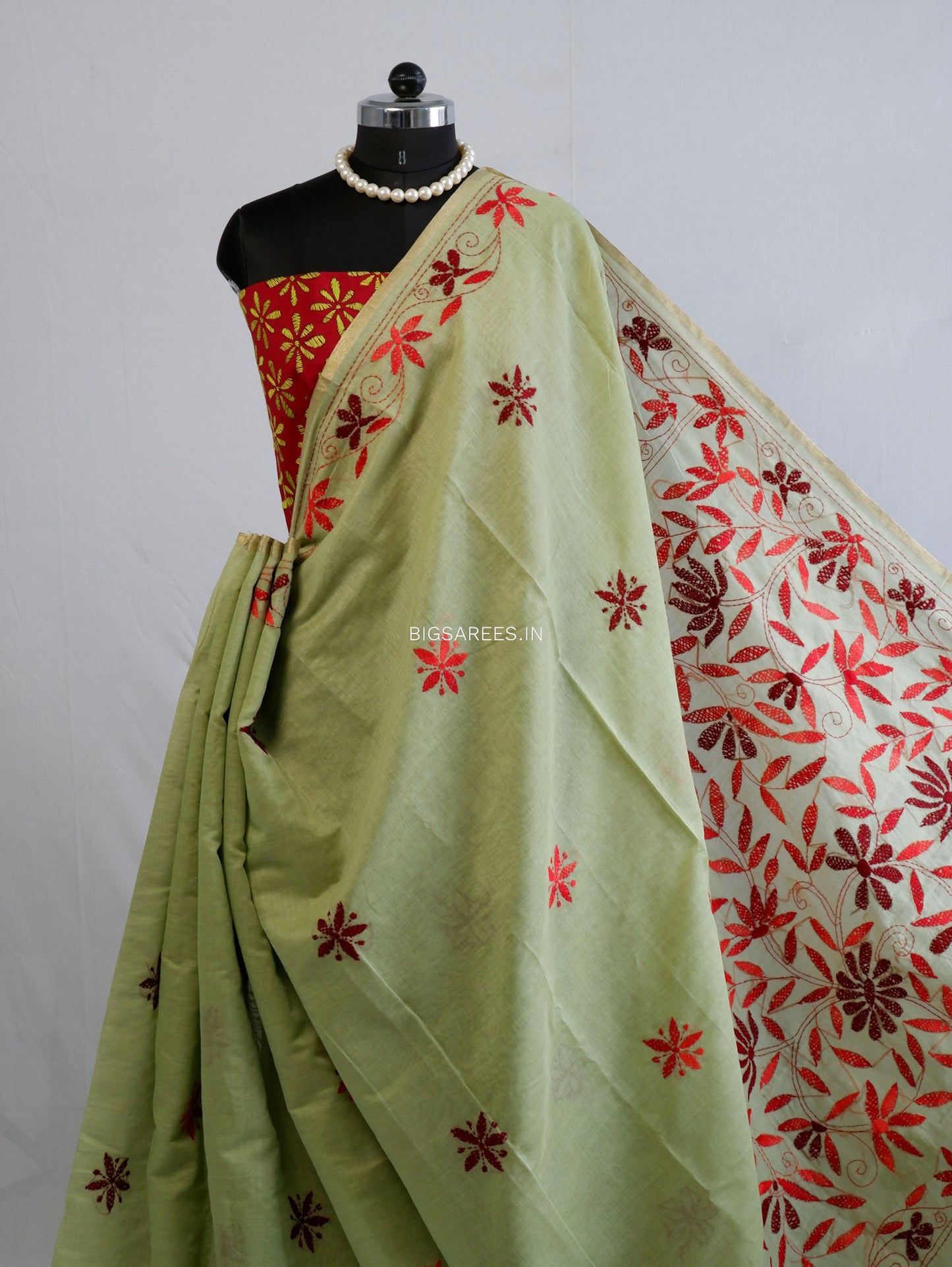 Kantha Stitch Semi Tussar with Blouse | Hand-Embroidered | Sage Green