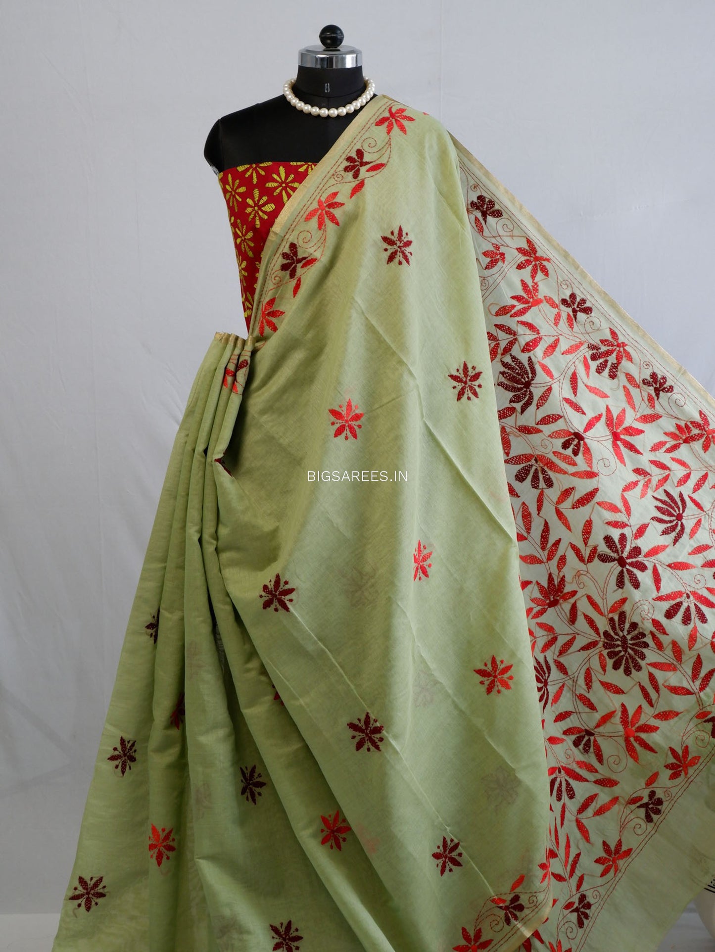 Kantha Stitch Semi Tussar with Blouse | Hand-Embroidered | Sage Green