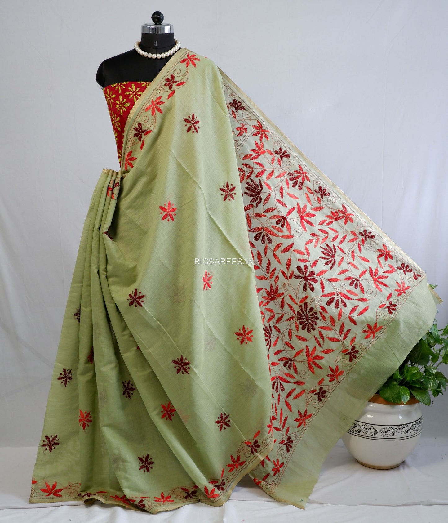 Kantha Stitch Semi Tussar with Blouse | Hand-Embroidered | Sage Green