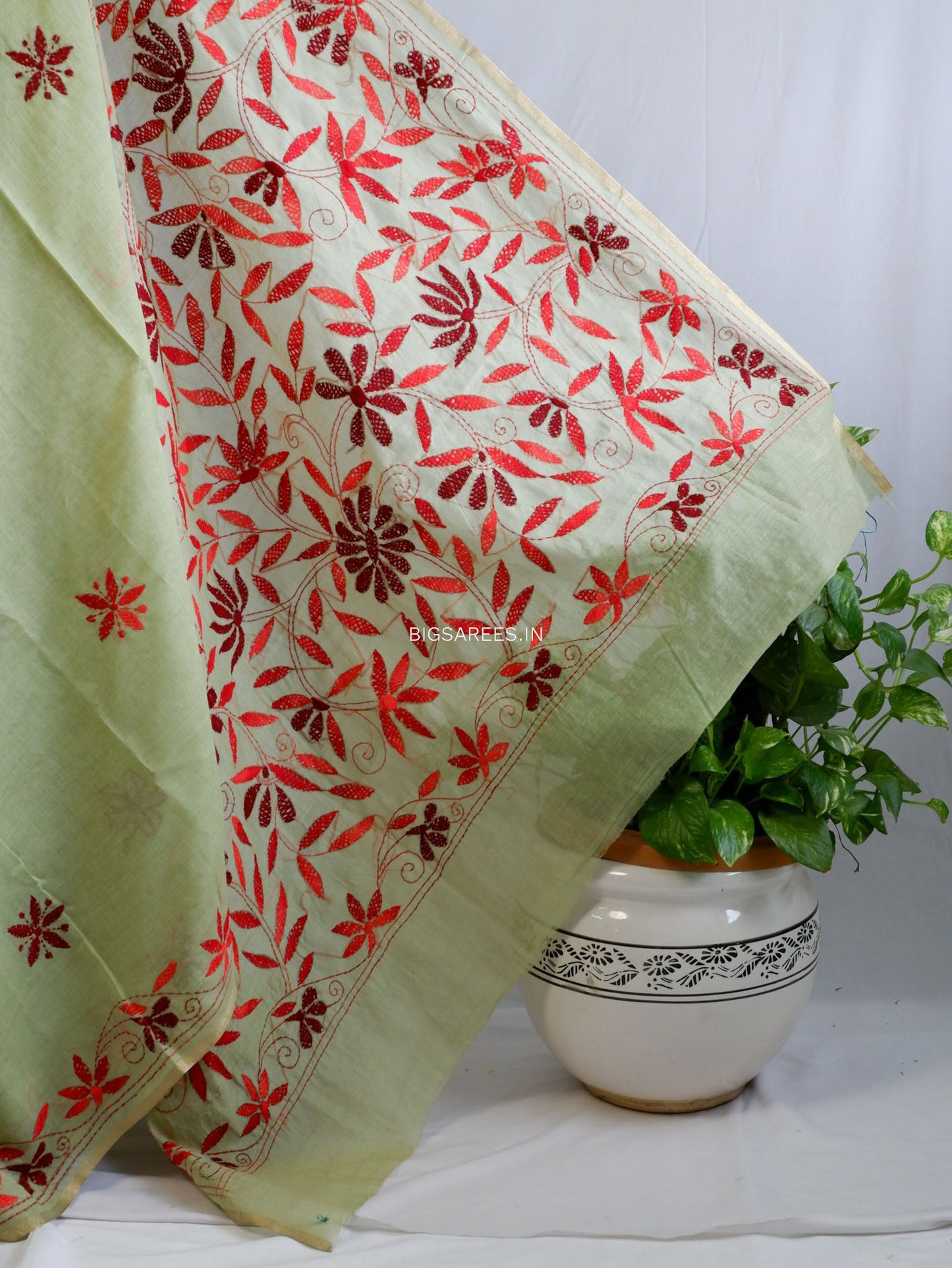 Kantha Stitch Semi Tussar with Blouse | Hand-Embroidered | Sage Green