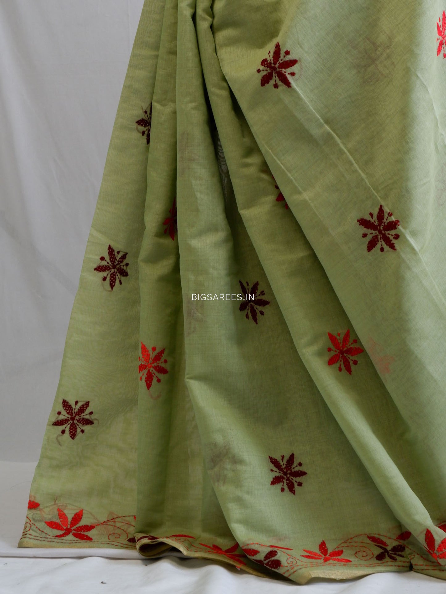 Kantha Stitch Semi Tussar with Blouse | Hand-Embroidered | Sage Green