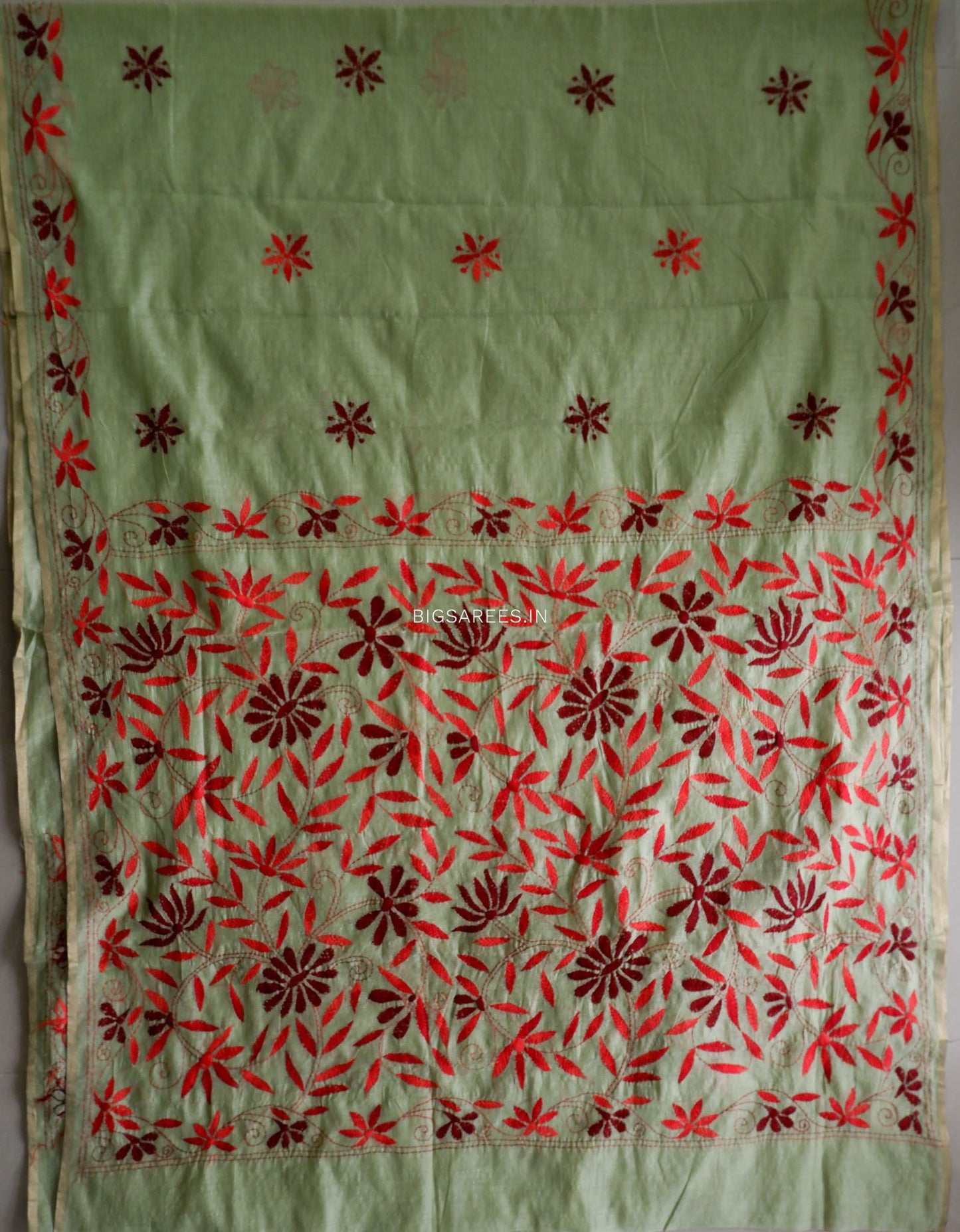 Kantha Stitch Semi Tussar with Blouse | Hand-Embroidered | Sage Green