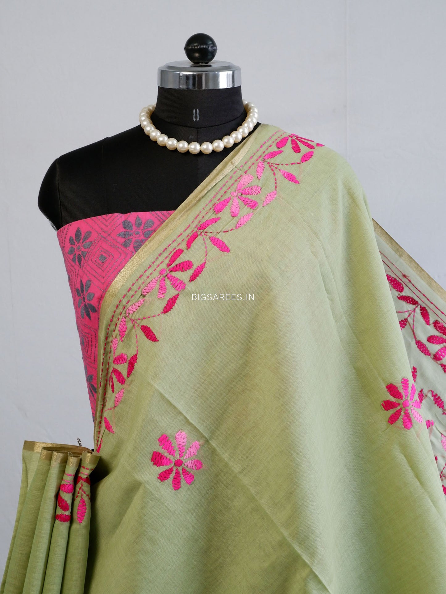 Kantha Stitch Semi Tussar with Blouse | Hand-Embroidered | Green
