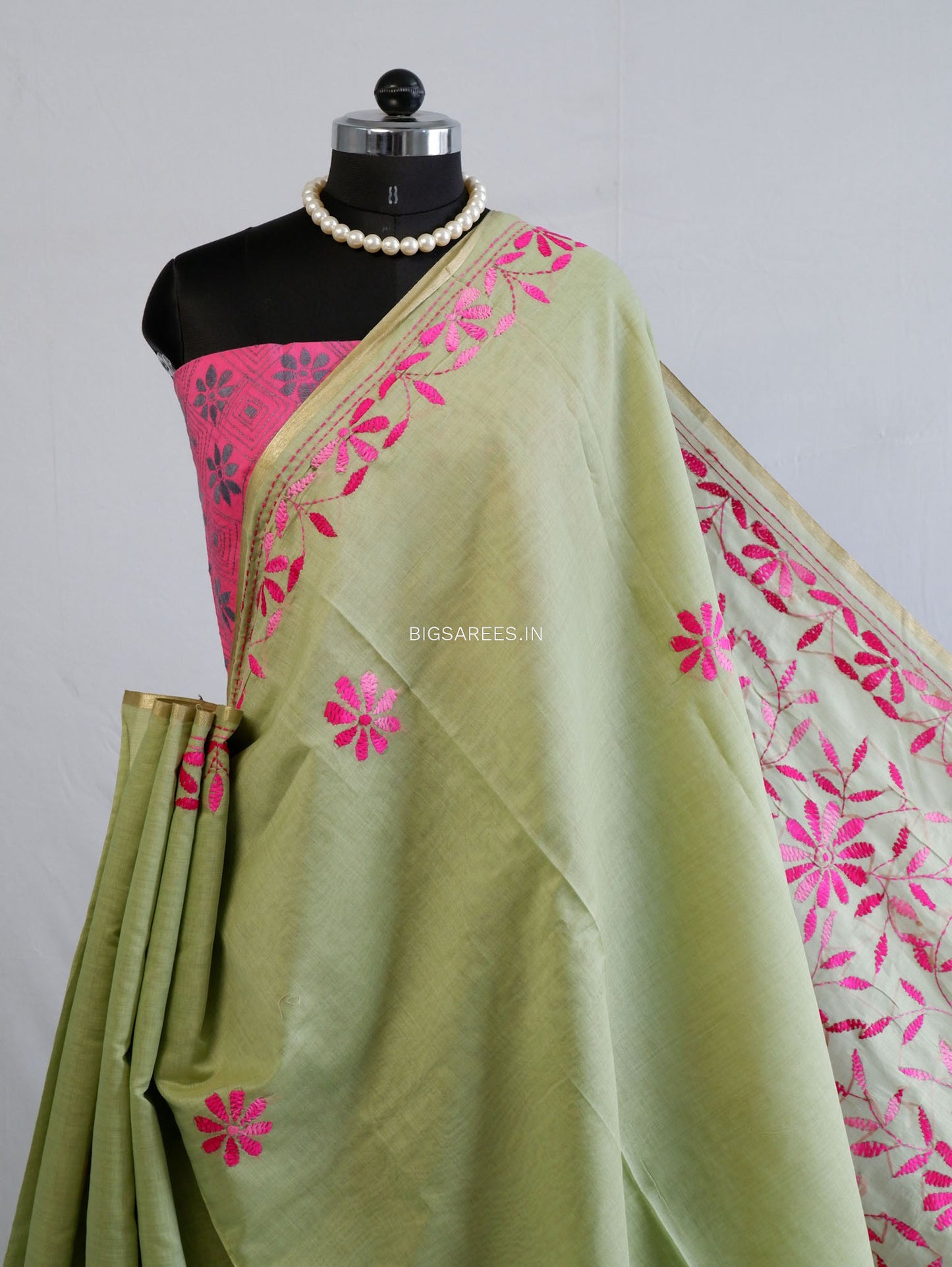 Kantha Stitch Semi Tussar with Blouse | Hand-Embroidered | Green