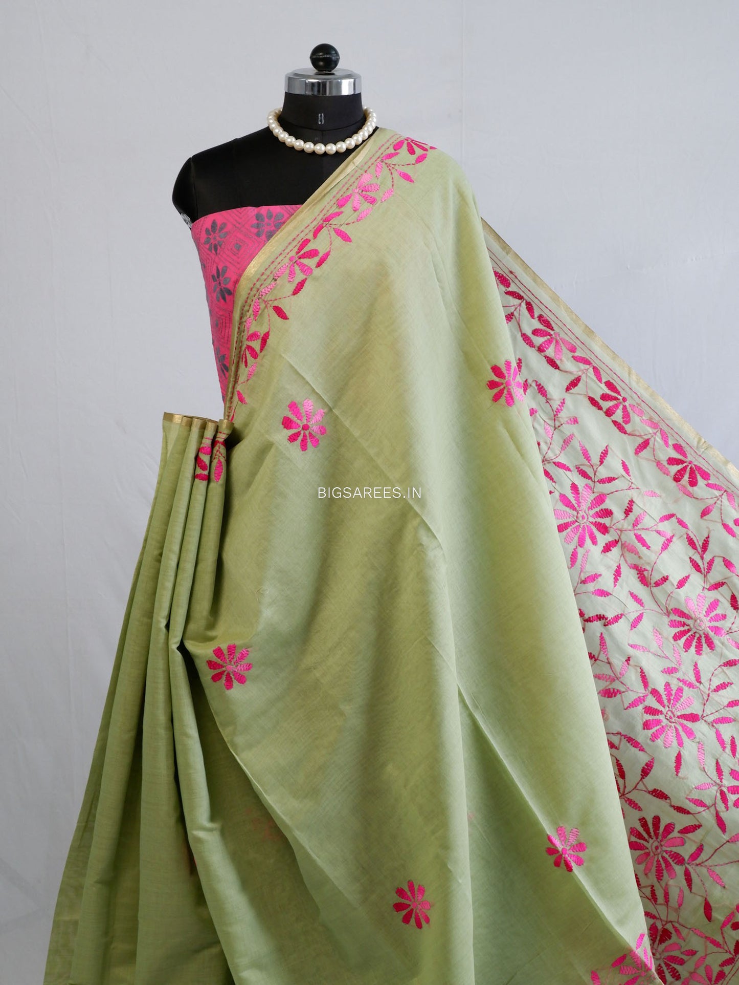 Kantha Stitch Semi Tussar with Blouse | Hand-Embroidered | Green