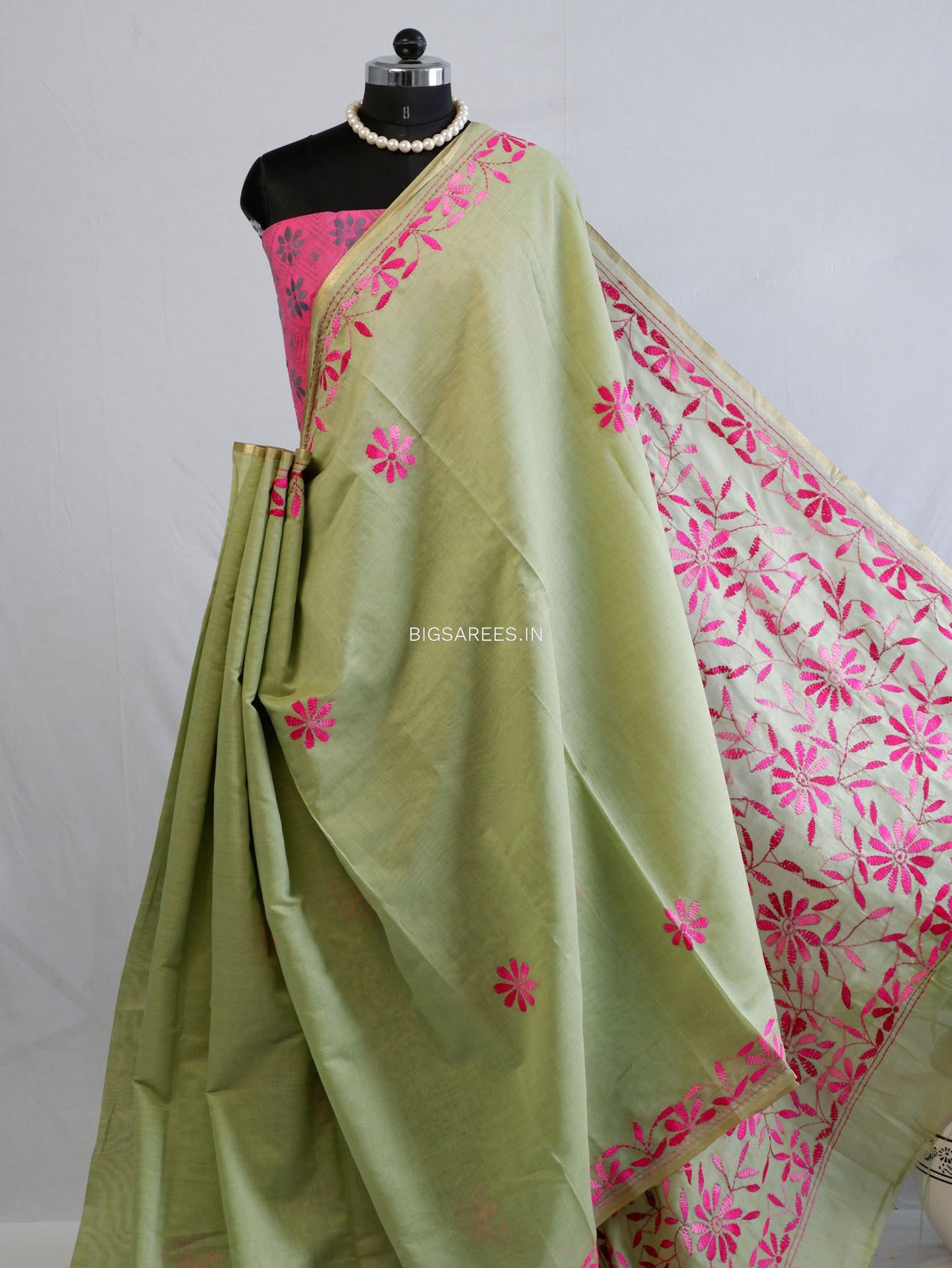 Kantha Stitch Semi Tussar with Blouse | Hand-Embroidered | Green