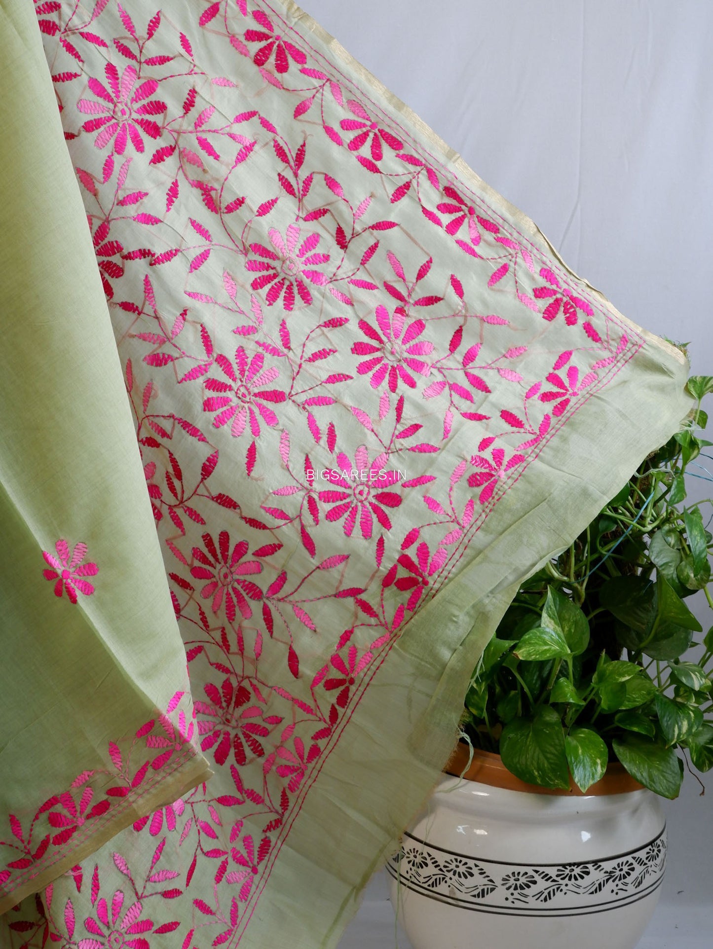 Kantha Stitch Semi Tussar with Blouse | Hand-Embroidered | Green