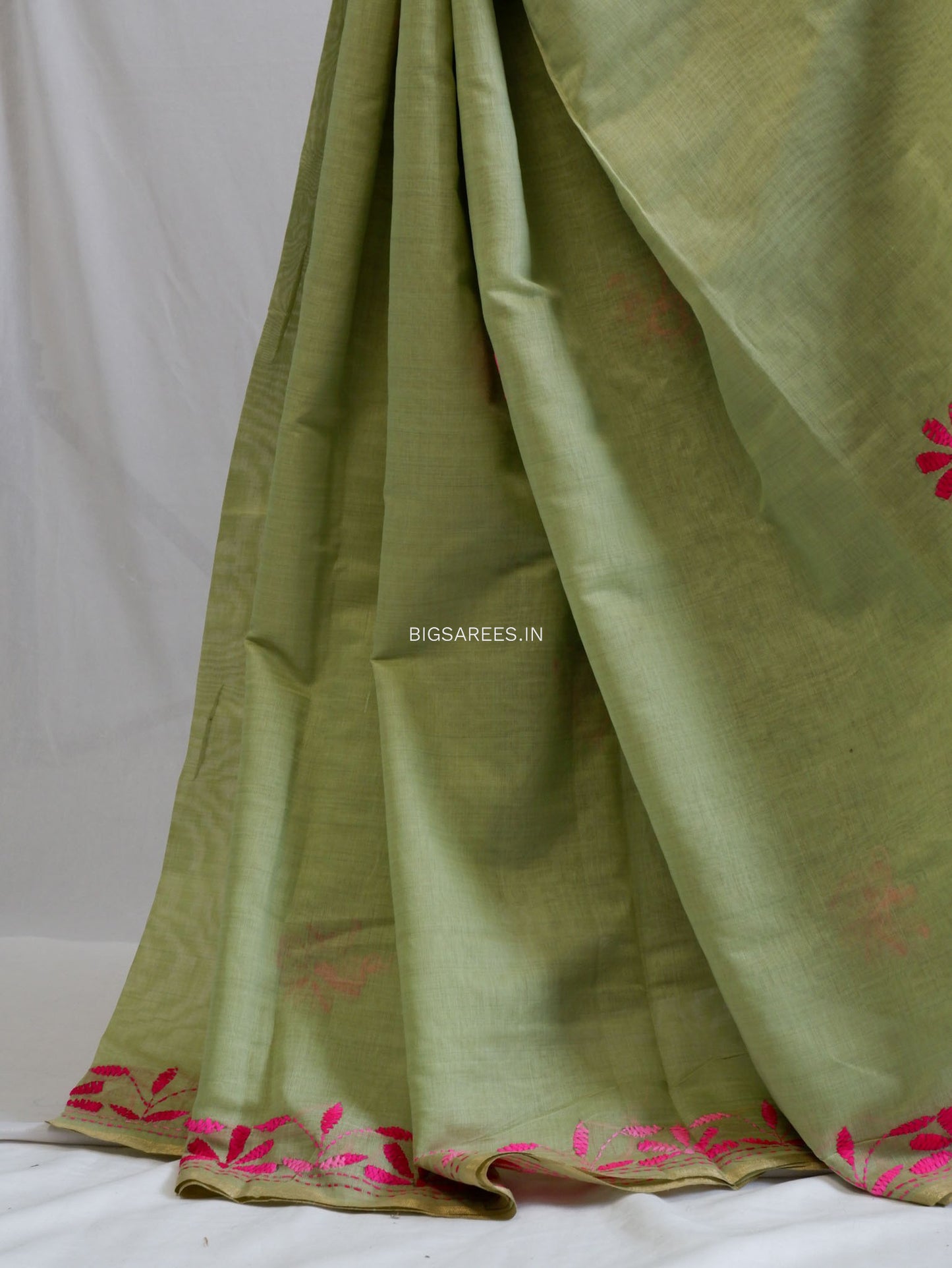 Kantha Stitch Semi Tussar with Blouse | Hand-Embroidered | Green