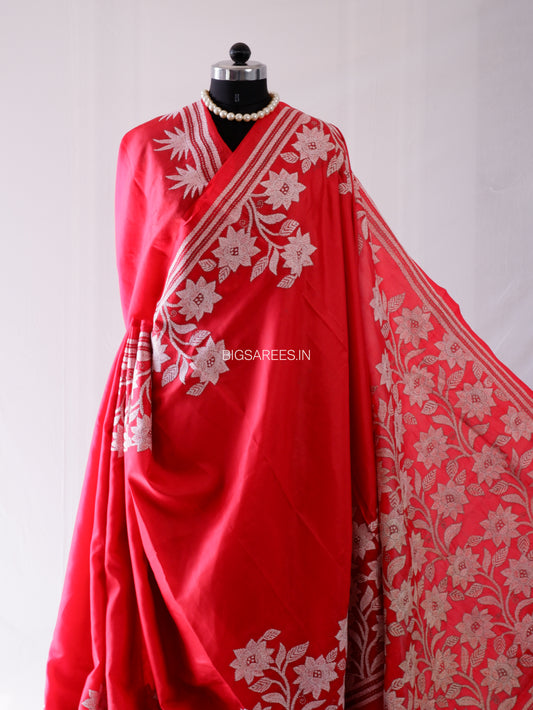 Kantha - Stitch Hand Embroidered Saree | Pure Bangalore Silk | Silk Mark Certified | Blood Red