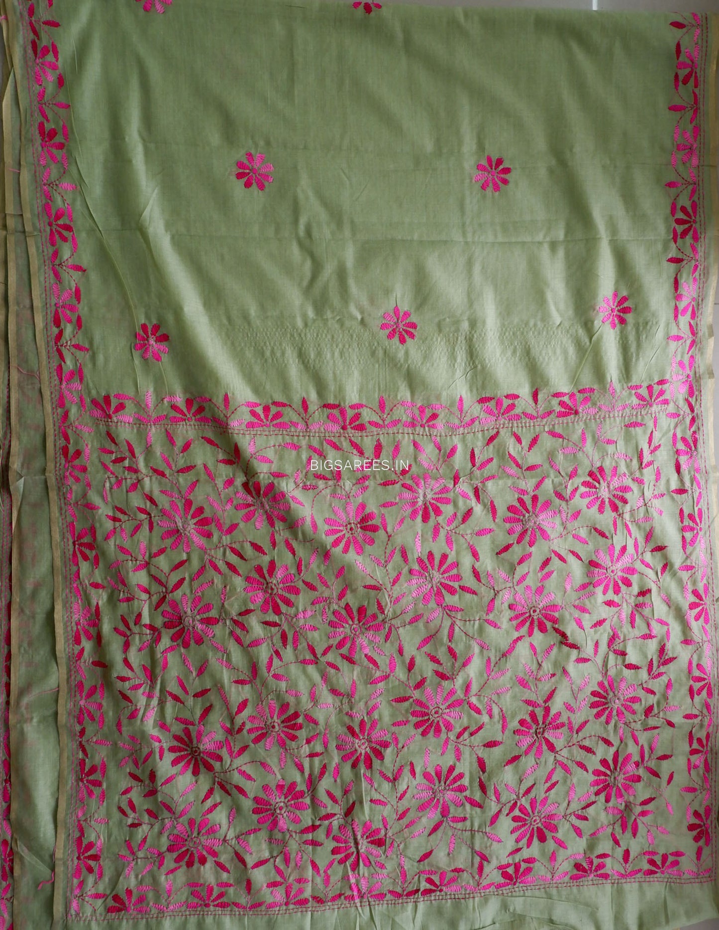 Kantha Stitch Semi Tussar with Blouse | Hand-Embroidered | Green