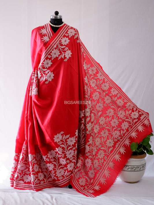 Kantha - Stitch Hand Embroidered Saree | Pure Bangalore Silk | Silk Mark Certified | Blood Red
