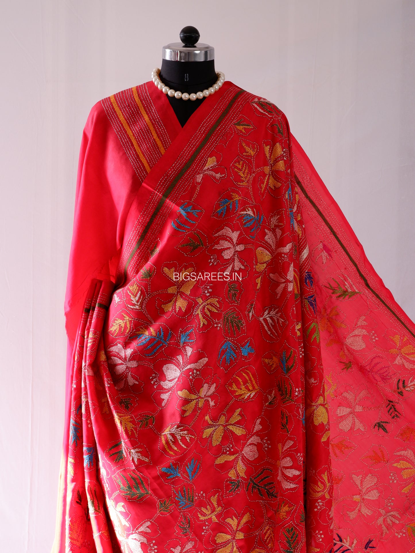 Kantha - Stitch Hand Embroidered Saree | Pure Bangalore Silk | Silk Mark Certified | Red