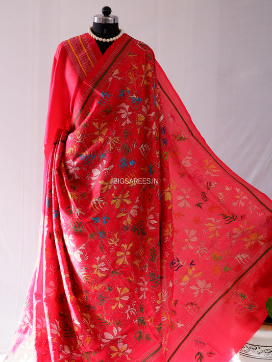 Kantha - Stitch Hand Embroidered Saree | Pure Bangalore Silk | Silk Mark Certified | Red
