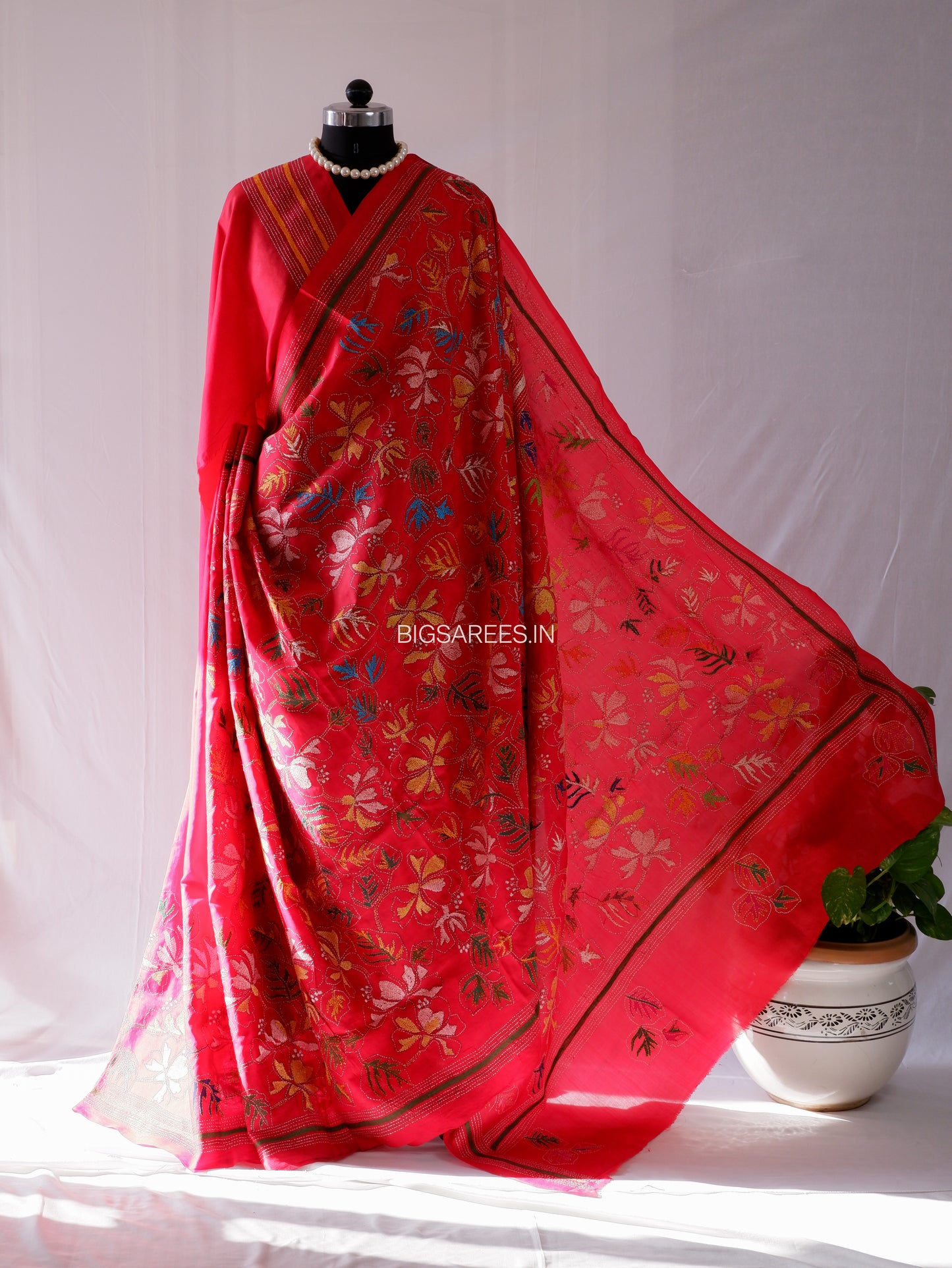 Kantha - Stitch Hand Embroidered Saree | Pure Bangalore Silk | Silk Mark Certified | Red