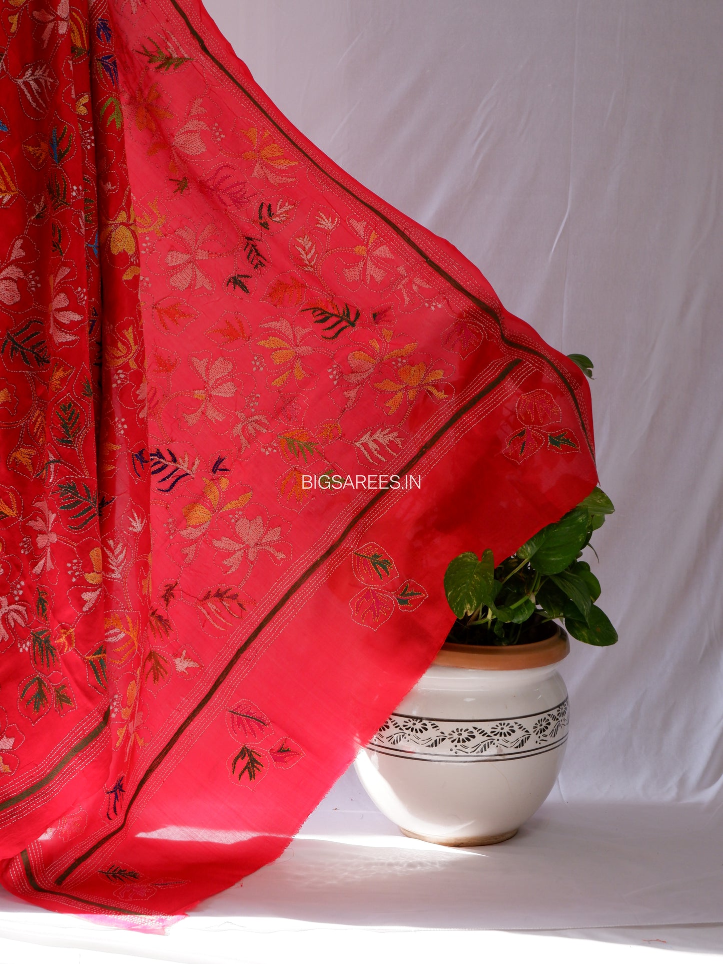 Kantha - Stitch Hand Embroidered Saree | Pure Bangalore Silk | Silk Mark Certified | Red