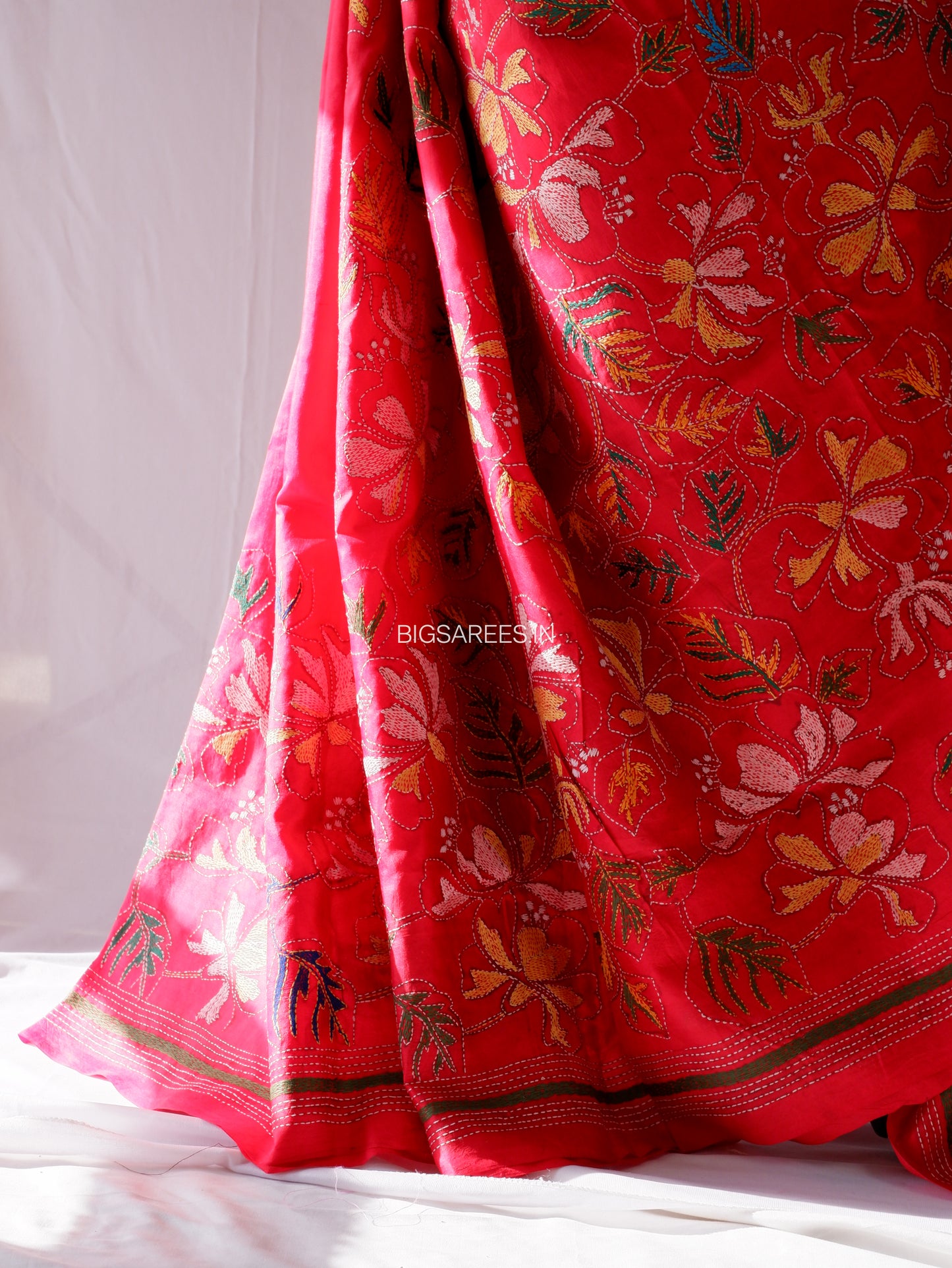 Kantha - Stitch Hand Embroidered Saree | Pure Bangalore Silk | Silk Mark Certified | Red
