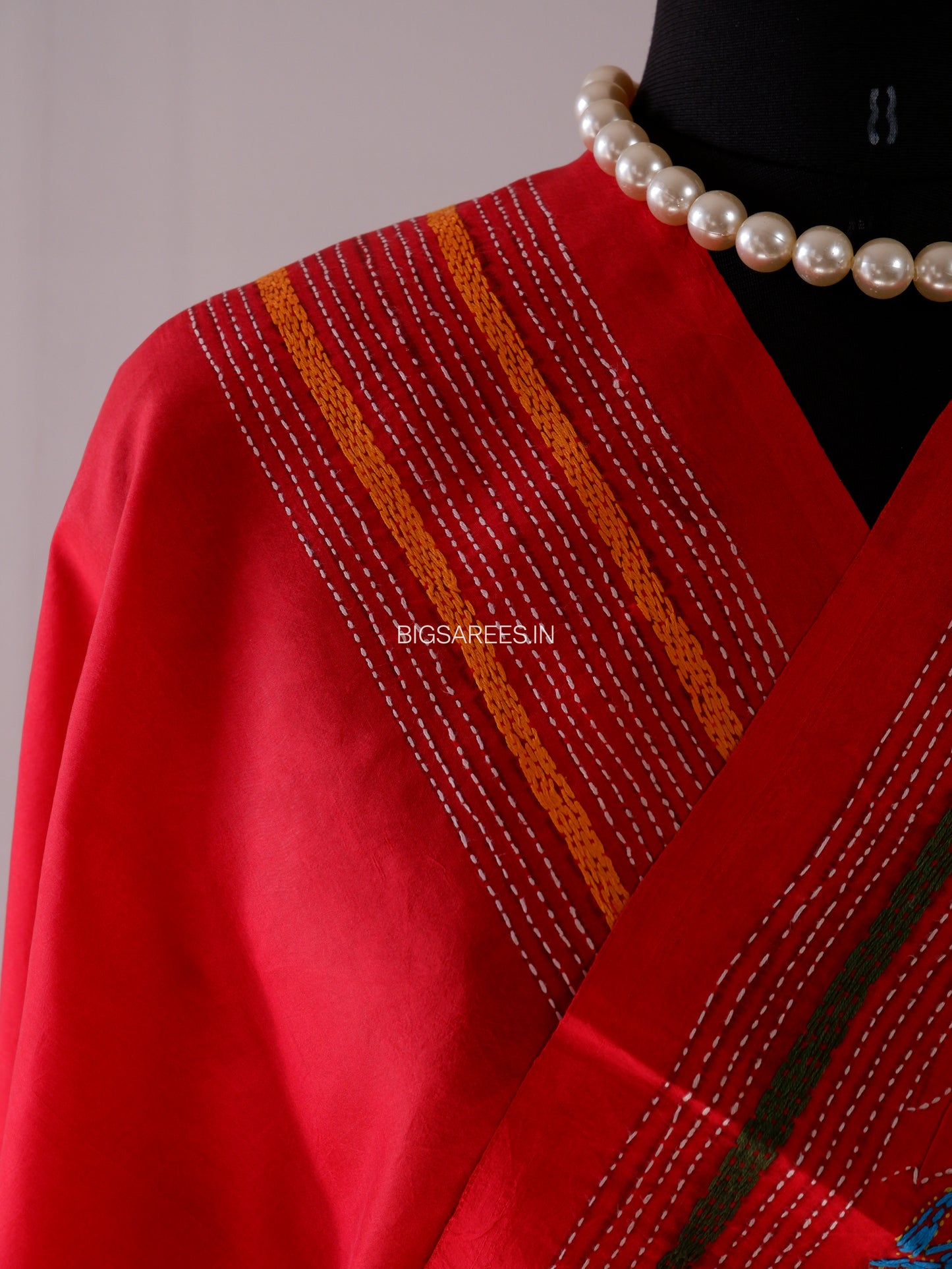 Kantha - Stitch Hand Embroidered Saree | Pure Bangalore Silk | Silk Mark Certified | Red