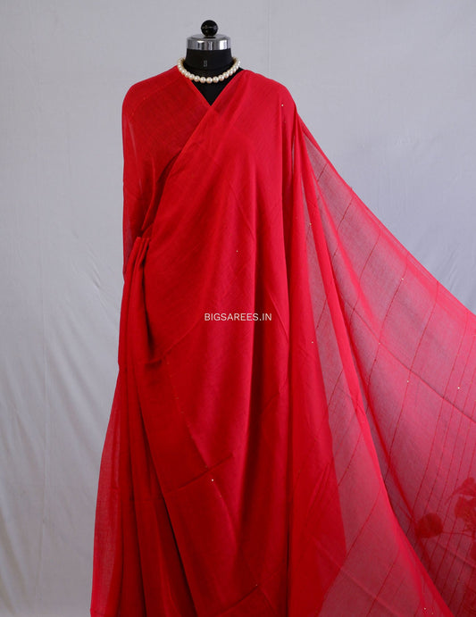 Jonaki Mul Cotton Saree With Ikat Blouse | Ultra Lightweight | Red