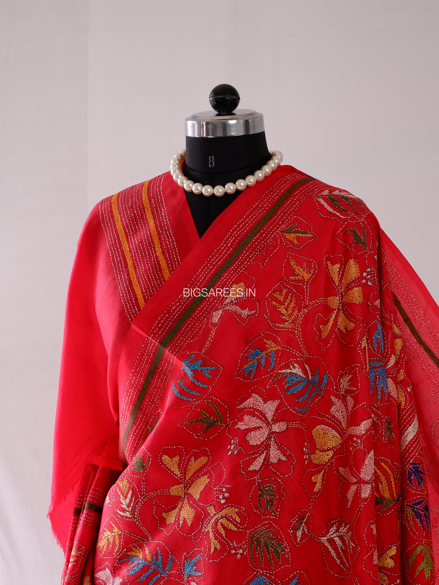 Kantha - Stitch Hand Embroidered Saree | Pure Bangalore Silk | Silk Mark Certified | Red
