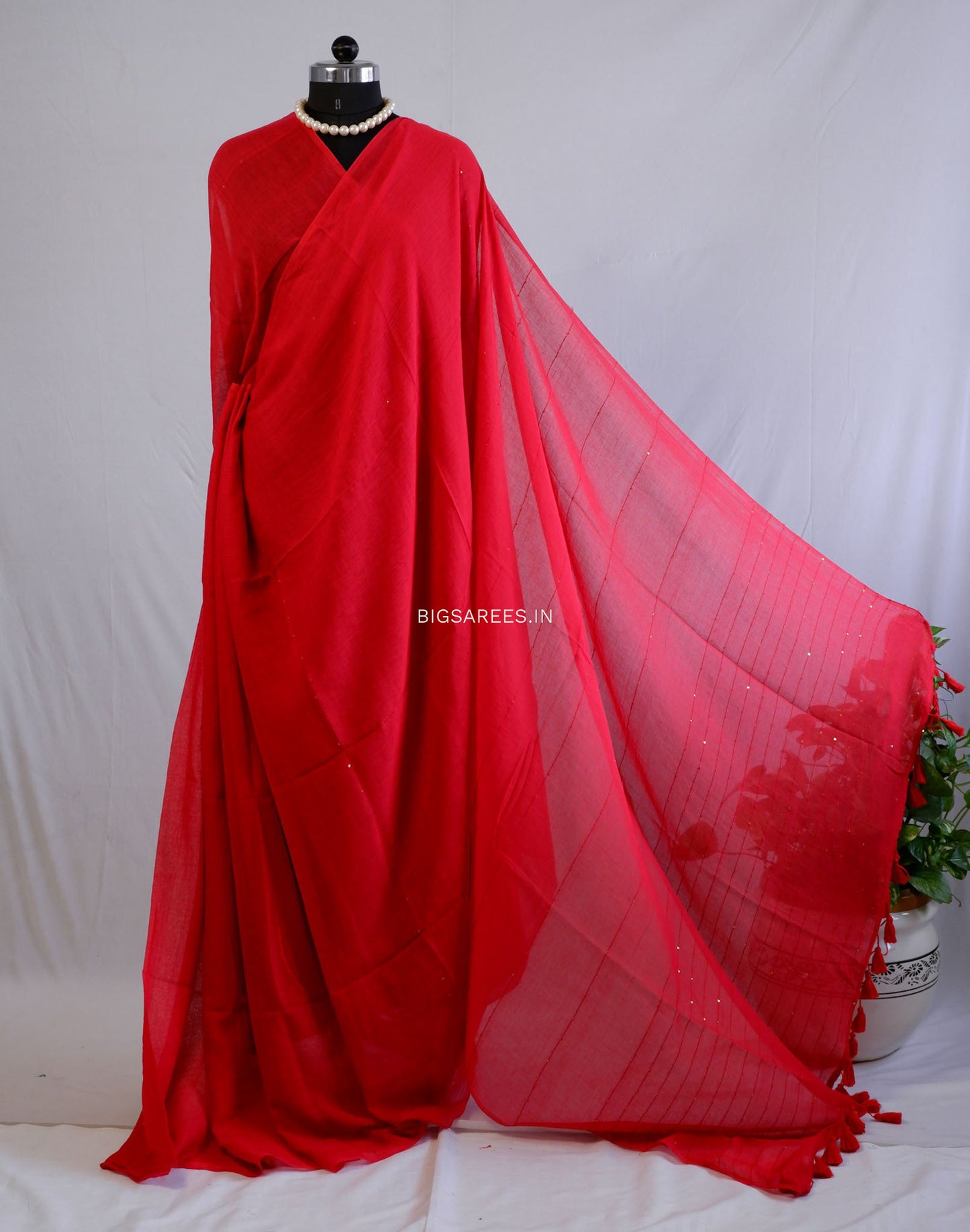 Jonaki Mul Cotton Saree With Ikat Blouse | Ultra Lightweight | Red