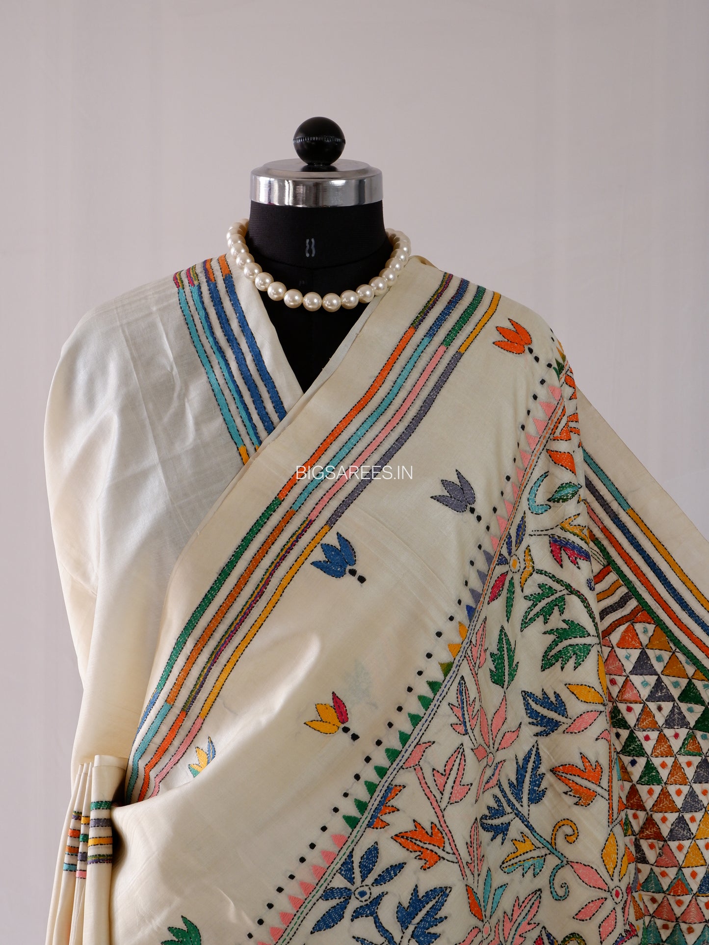 Kantha - Stitch Hand Embroidered Saree | Pure Gachi by Gachi Tussar Silk | Silk Mark Certified | Pearl White