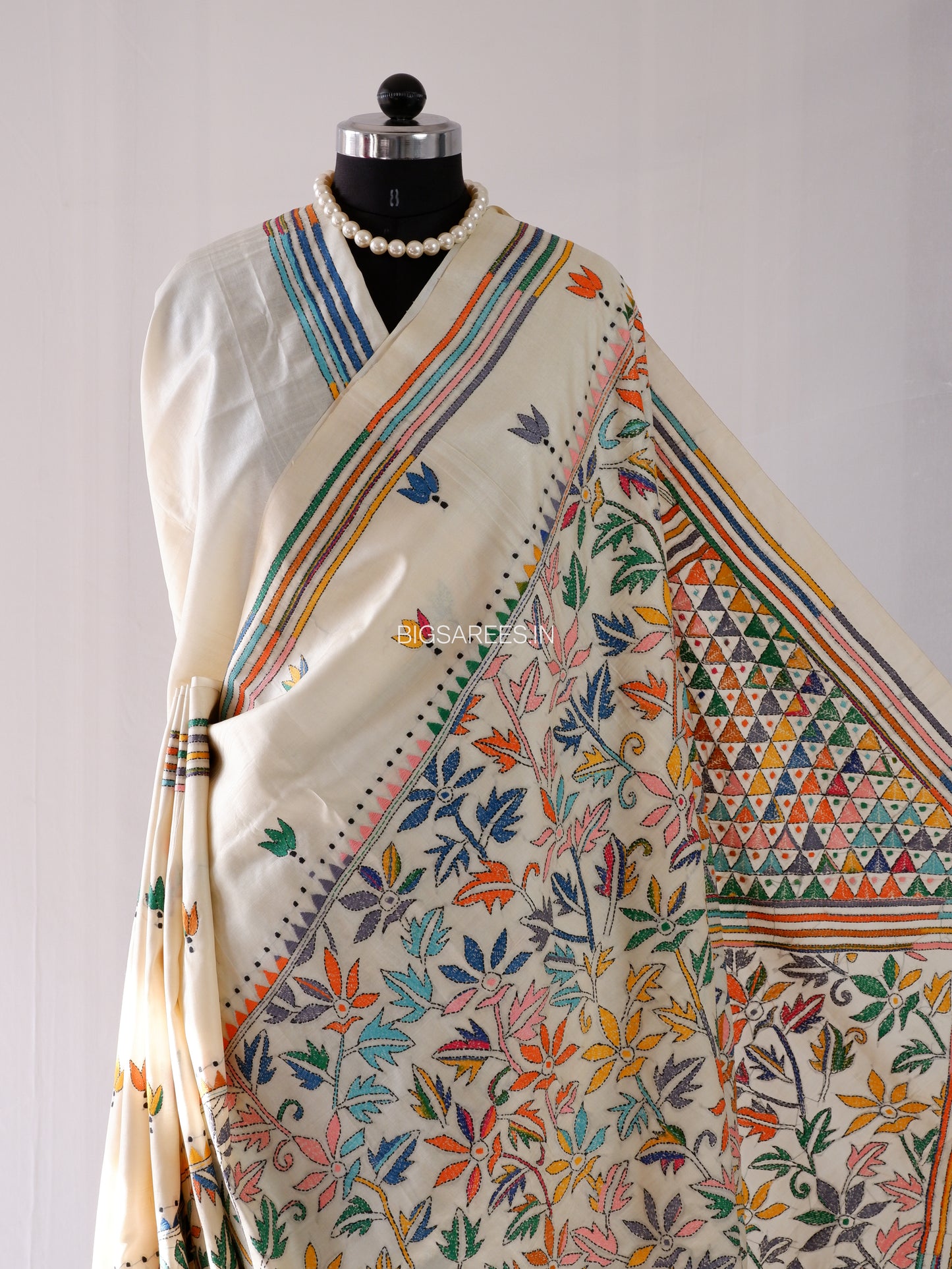 Kantha - Stitch Hand Embroidered Saree | Pure Gachi by Gachi Tussar Silk | Silk Mark Certified | Pearl White