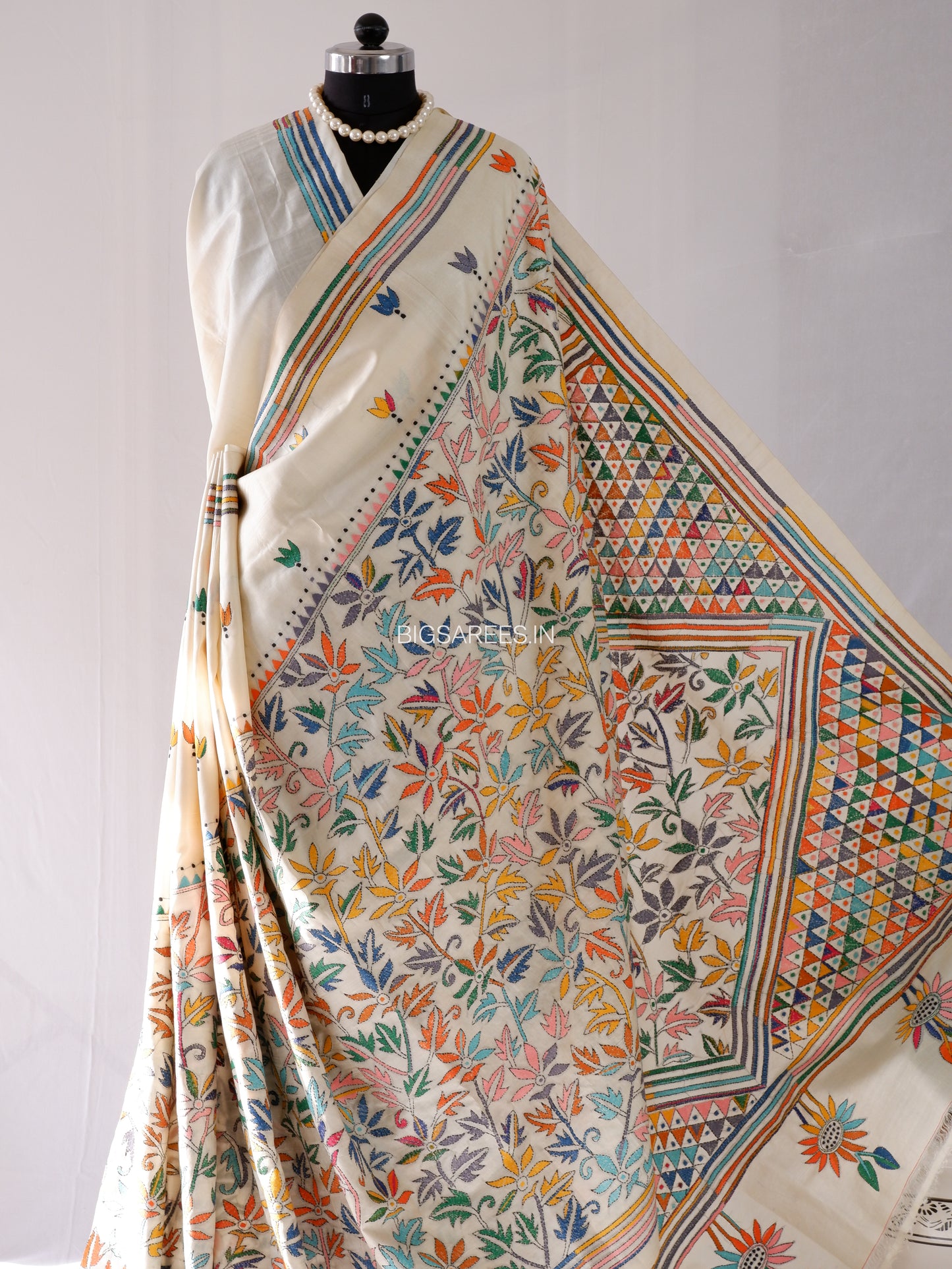 Kantha - Stitch Hand Embroidered Saree | Pure Gachi by Gachi Tussar Silk | Silk Mark Certified | Pearl White