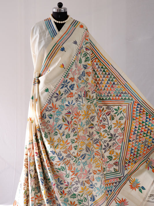Kantha - Stitch Hand Embroidered Saree | Pure Gachi by Gachi Tussar Silk | Silk Mark Certified | Pearl White