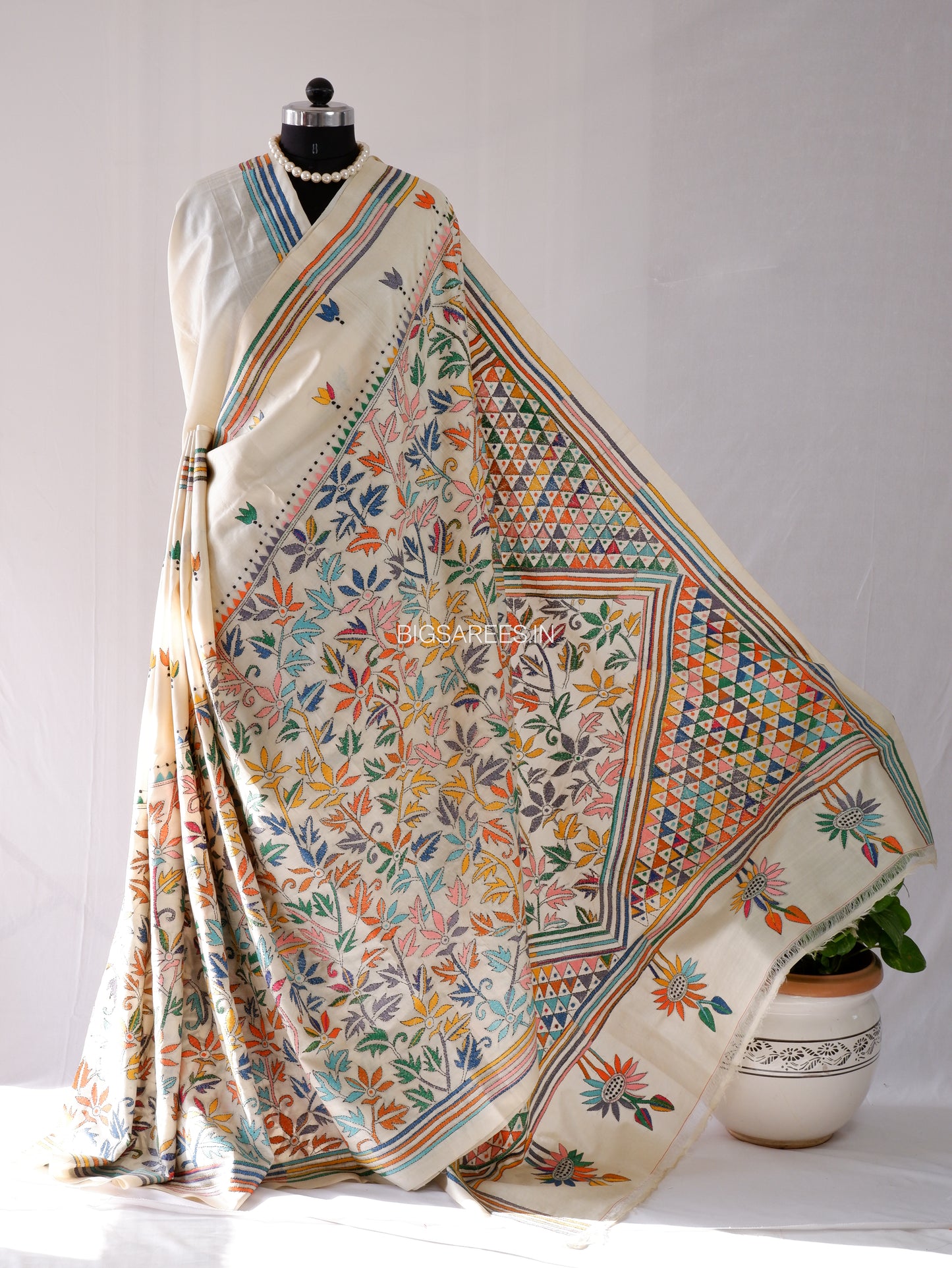Kantha - Stitch Hand Embroidered Saree | Pure Gachi by Gachi Tussar Silk | Silk Mark Certified | Pearl White
