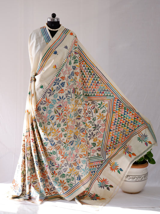 Kantha - Stitch Hand Embroidered Saree | Pure Gachi by Gachi Tussar Silk | Silk Mark Certified | Pearl White