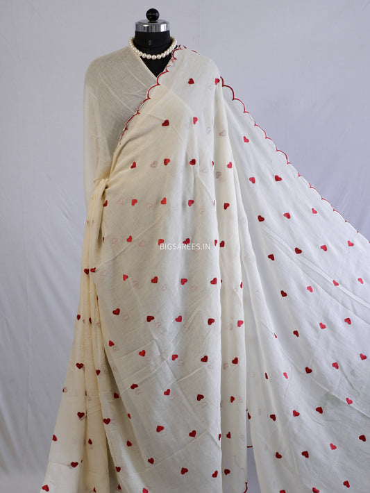 Heart Embroidered Saree | Mul Cotton | Ivory & Red