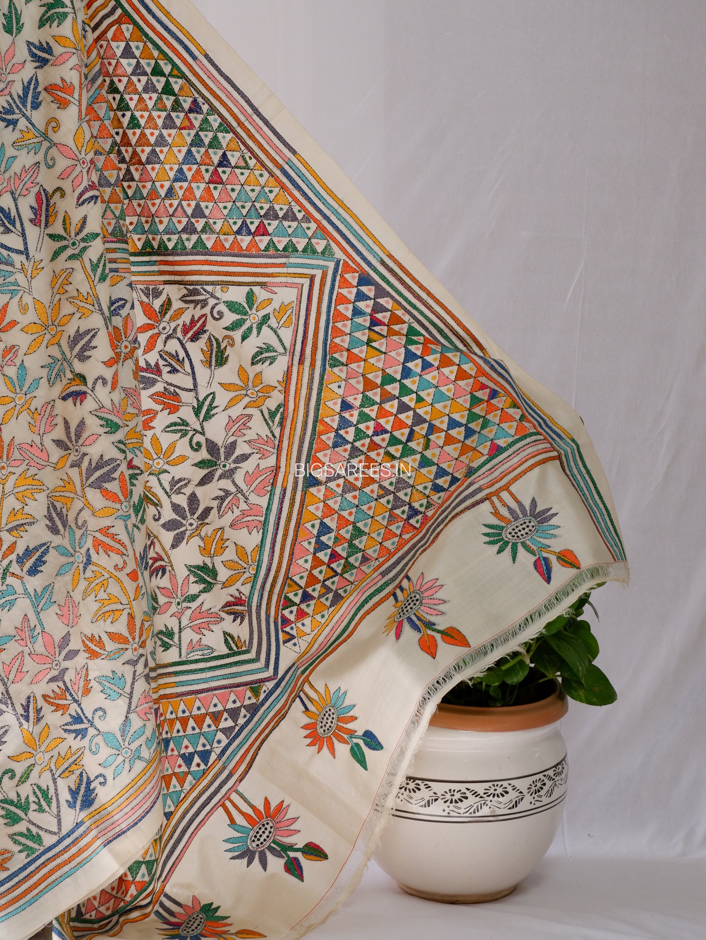 Kantha - Stitch Hand Embroidered Saree | Pure Gachi by Gachi Tussar Silk | Silk Mark Certified | Pearl White
