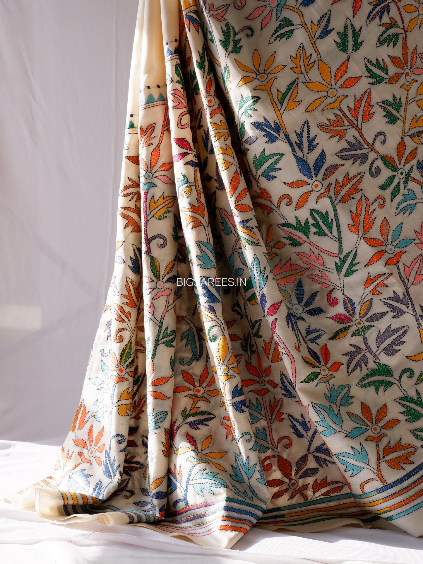 Kantha - Stitch Hand Embroidered Saree | Pure Gachi by Gachi Tussar Silk | Silk Mark Certified | Pearl White